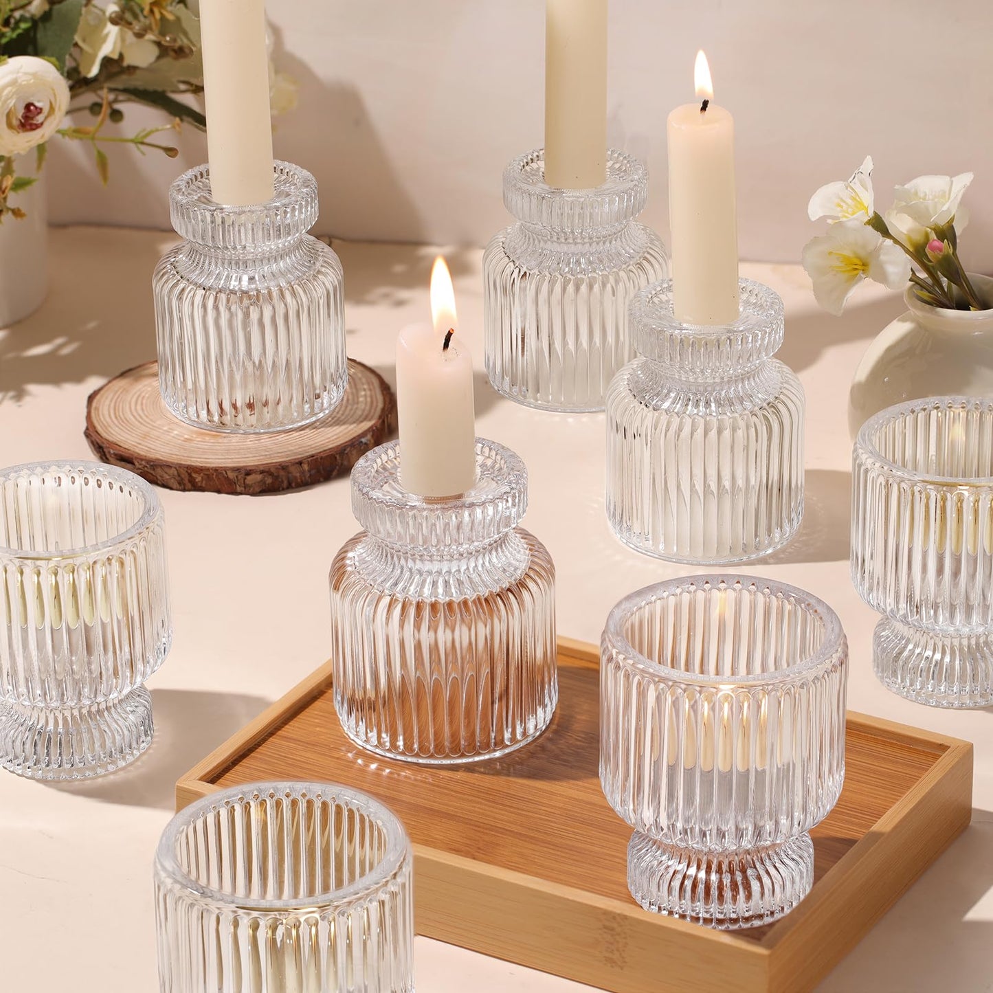 DARJEN 12 Pcs Glass Candlestick Holders- Clear Taper Candle Holders Tealight Votive Candle Holders for Table Centerpieces, Wedding, Dinner Party, Home Decor