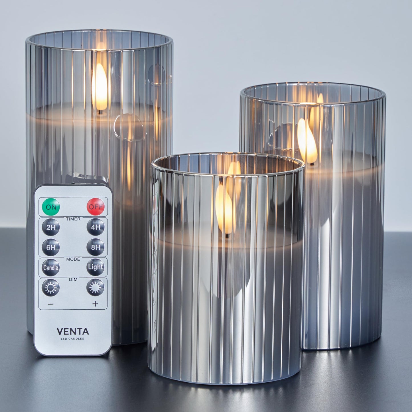 VENTA Flickering Flameless Candles With Remote Control - Led Candles Battery Operated - Battery Operated Candle For Decoration Table, Timer & Dimmer Features, Set - 3Pcs (4",5",6") (Grey Ribbed Glass)