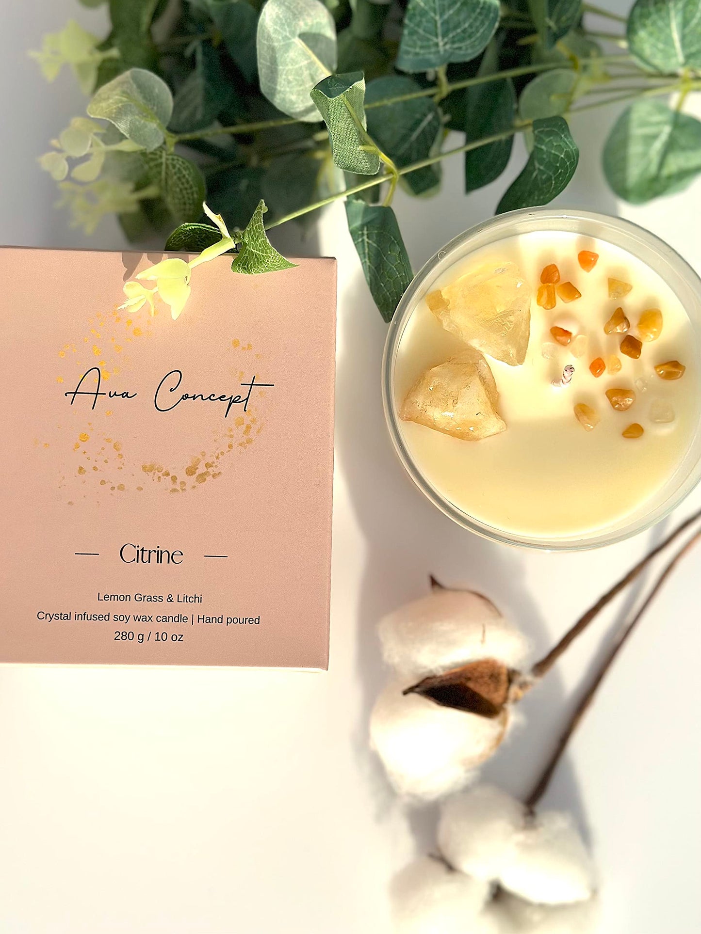 Ava Concept Citrine Crystal Candle – 10oz / 280g | Lemongrass & Litchi Aromatherapy | Hand-Poured Soy Wax | Genuine Citrine Healing Crystals Embedded | Positivity, Success & Energy | Gift Box Included