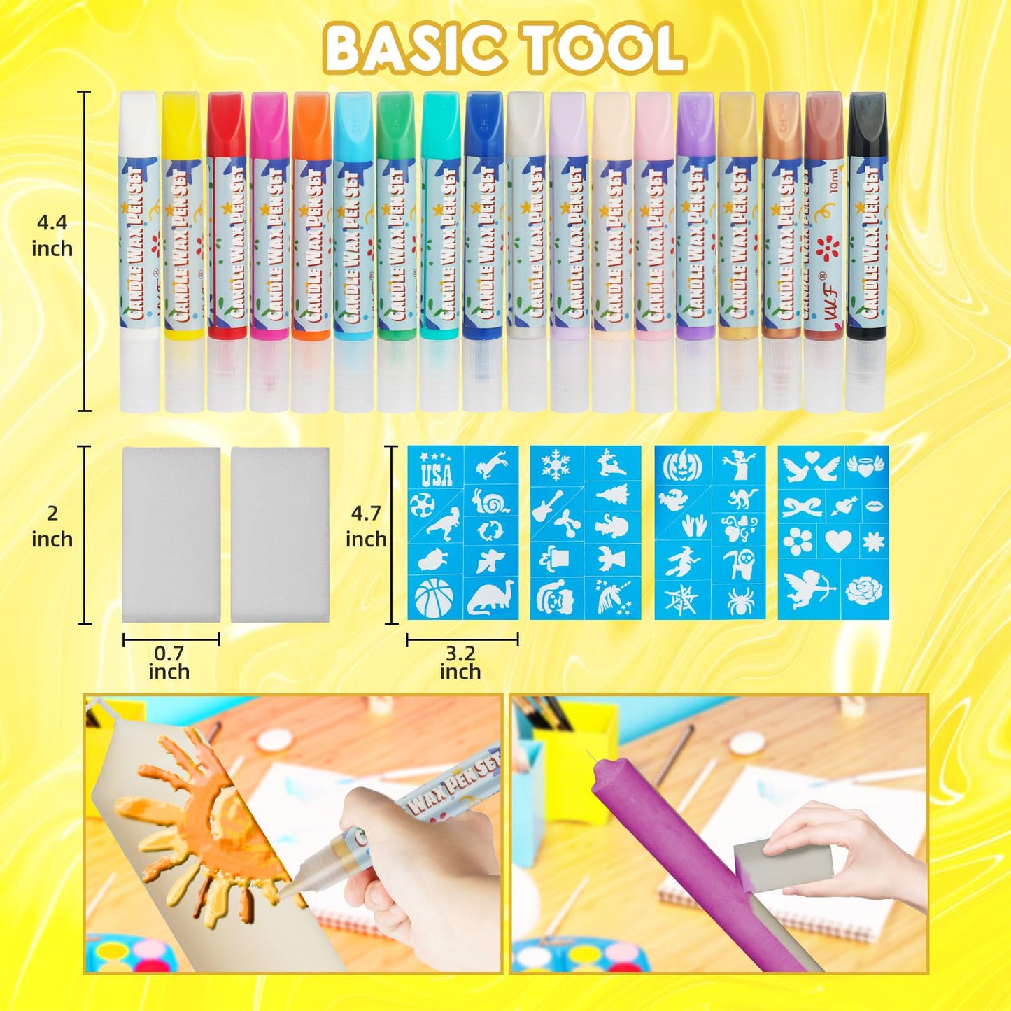 VVF Candle Painting Kit, 18-Color Candle Wax Pens (3 Metallics) with Sponge & Sticker Stencils, Great for Candle Making, DIY Crafts, Holiday Gifts & Kids Painting((10ml*18)