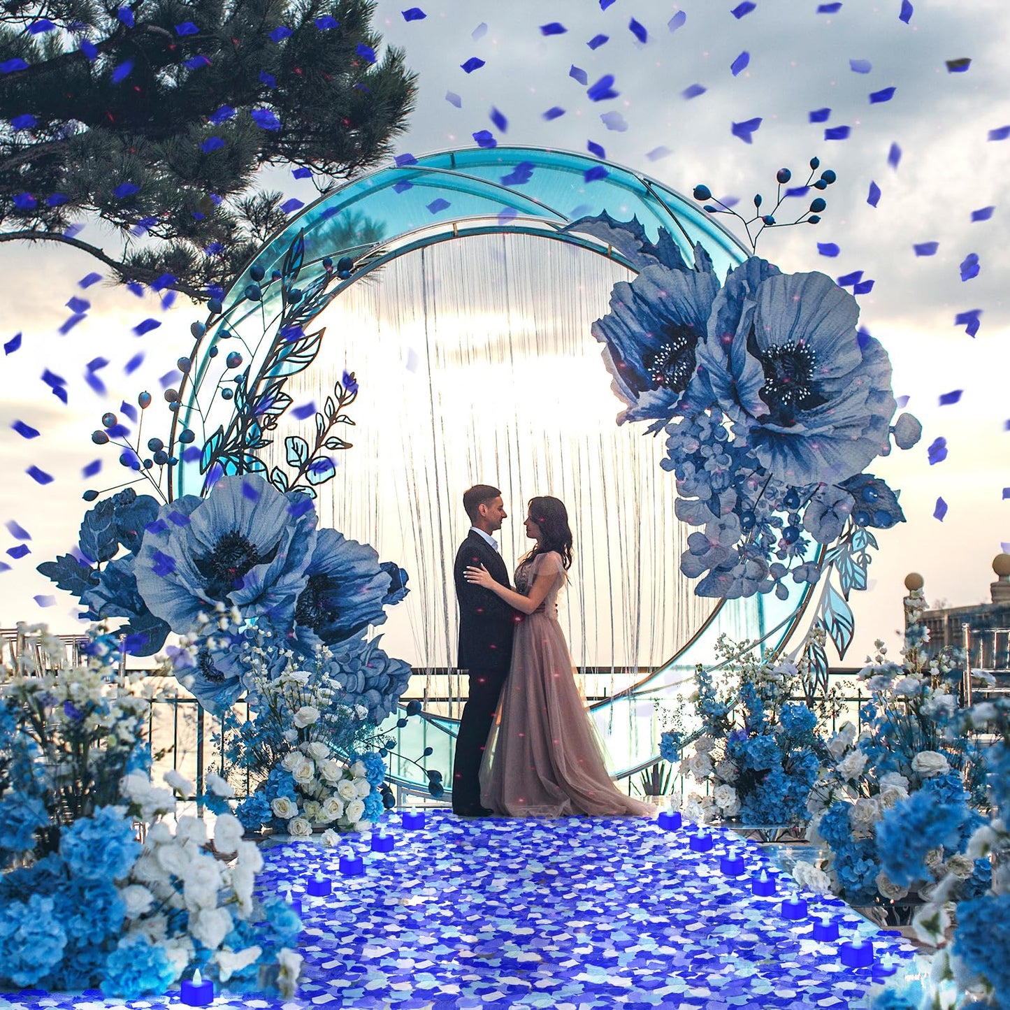 VIHOSE 4000 Pcs Artificial Rose Petals with 24 Pcs LED Tea Lights Candles Flameless LED Candles Fake Rose Petals for Wedding Birthday Party(Blue Light, Vivid Color Petal)