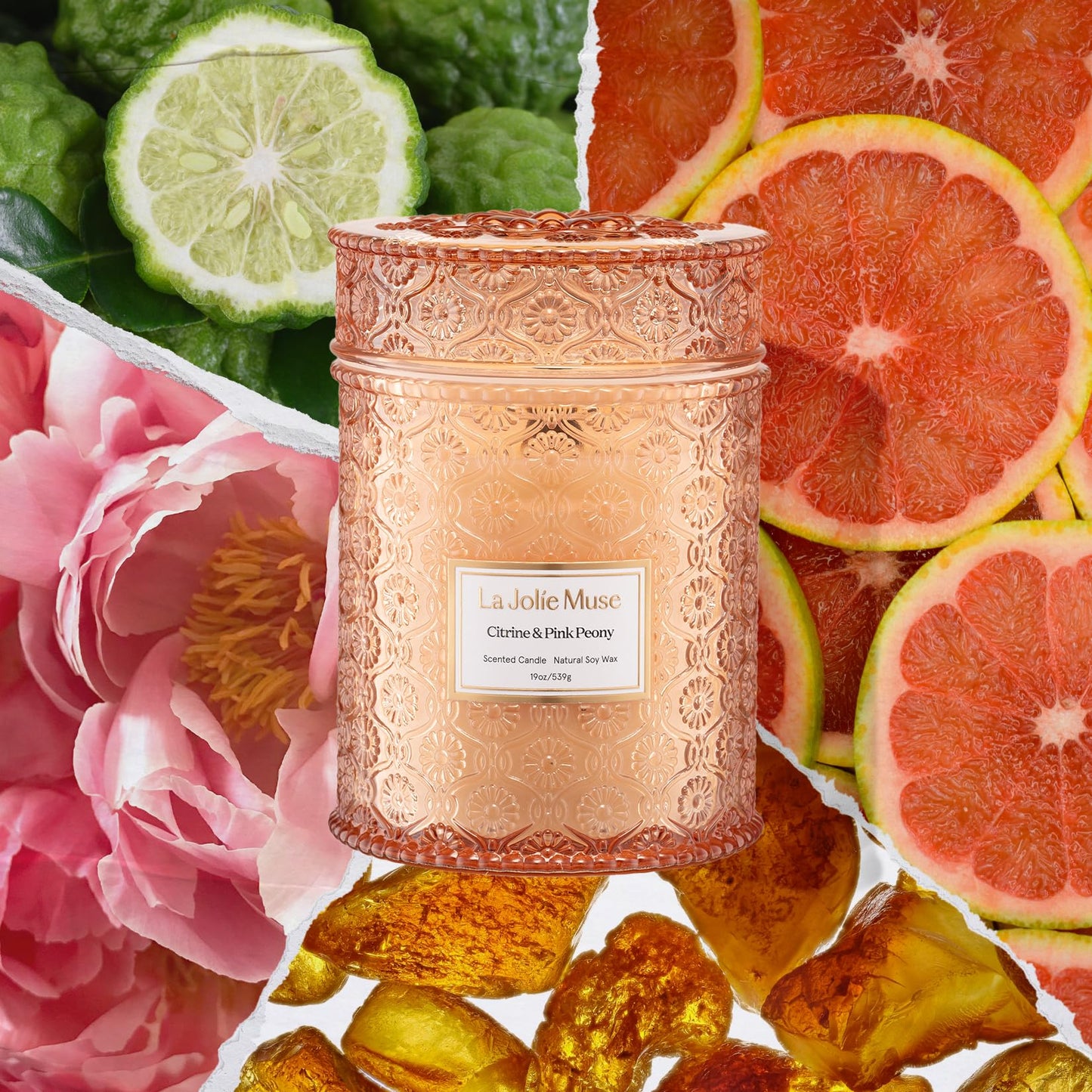 LA JOLIE MUSE Citrine & Pink Peony Scented Candle | Bergamot, Peony & Amber | 19 oz Large Wooden Wick | Natural Soy Wax | 90-Hour Clean Burn | Gift-Ready for Hosts & Gatherings