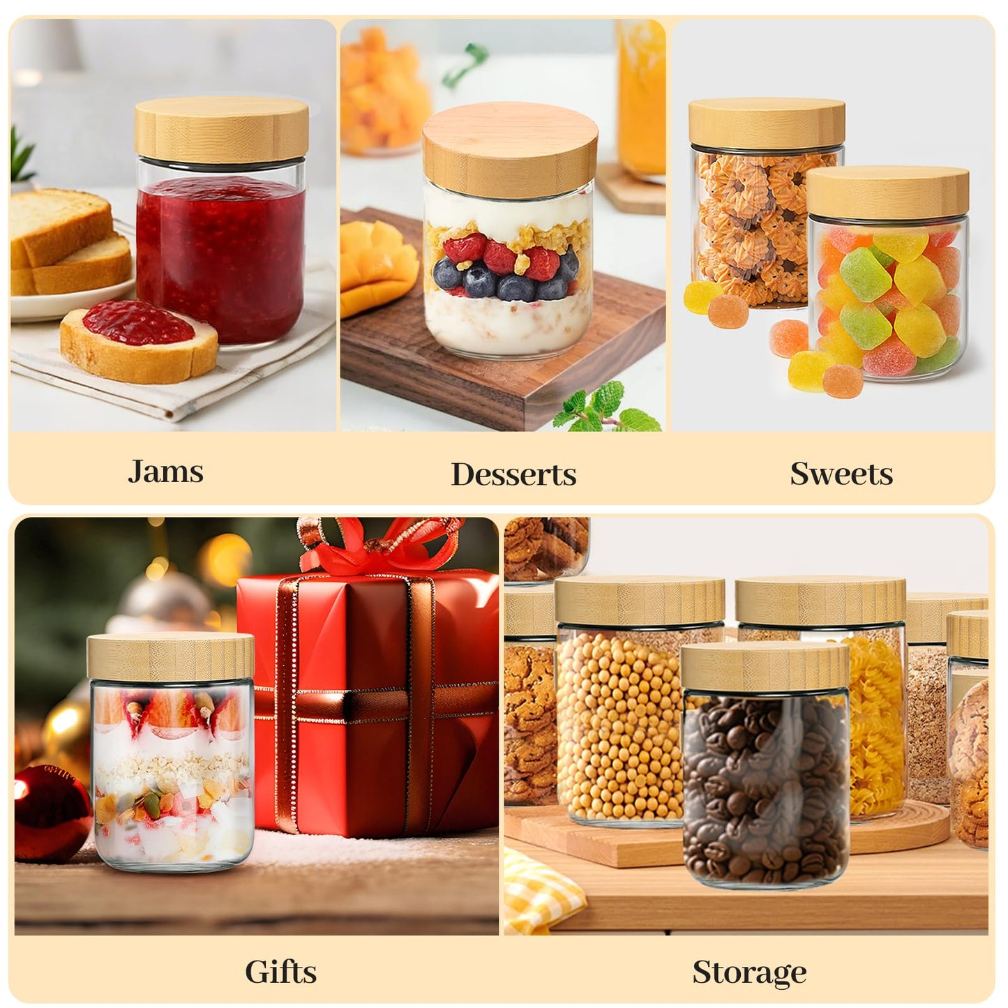 TBWIND 4 Pack 16oz Glass Jars with Bamboo Lids, Spoons, Airtight Overnight Oats Containers, Wide Mouth Mason Jars, Food Storage Container for Yogurt Salad Snacks Spice Sugar Meal Prep – Reusable
