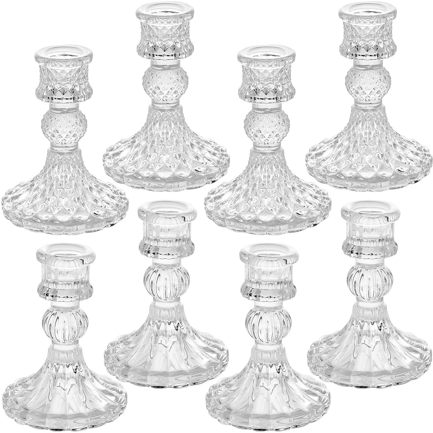 Clear Glass Candlestick Holders,8 pcs Set Include Taper Candle Holders and Stripe Candle Holders,Two Style for Formal Events, Wedding, Festival,Church, Party & Festival Decoration