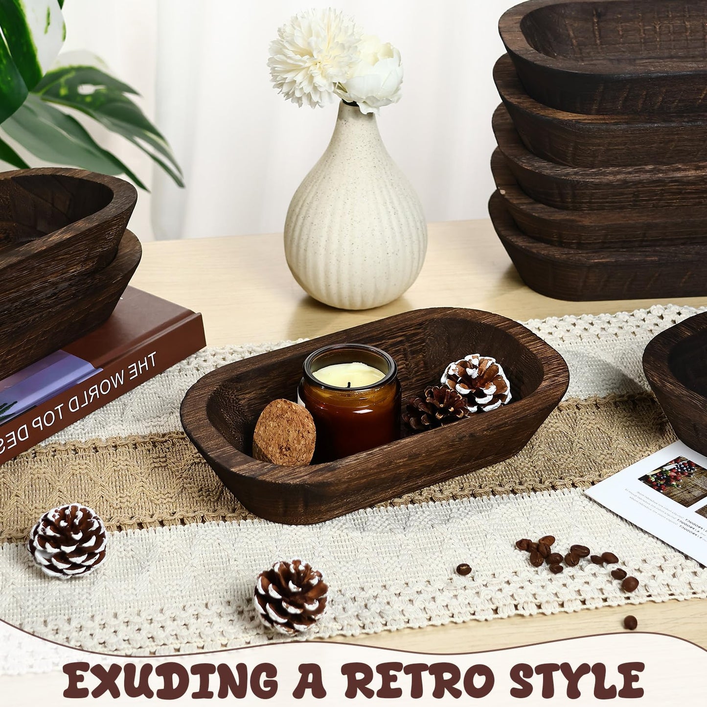 ONESIXEC 10 Pack Wood Decorative Bowls Long Heavy Handmade Carved Key Bowl for Entryway Table Home Decor Rustic Boho Decor Bowls for Candle Making Potpourri Catch (9.4" x 5.5" x 1.7")