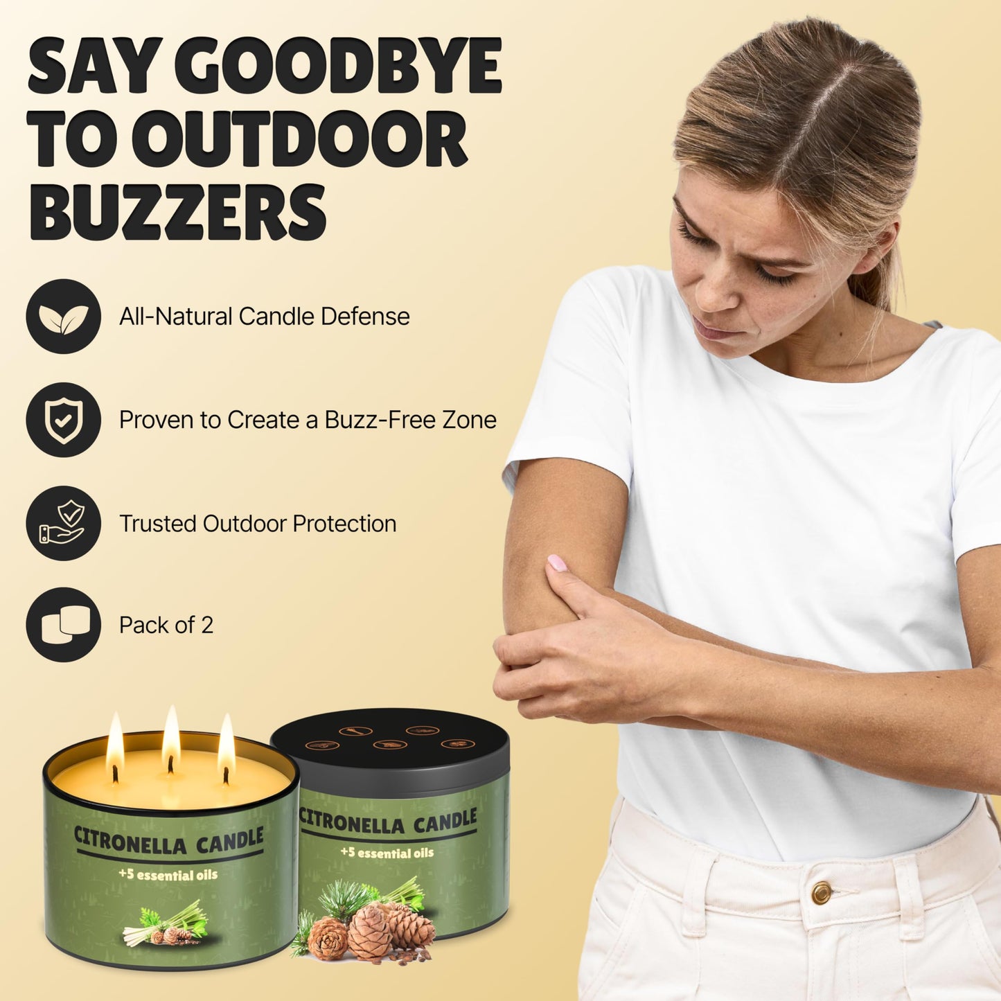 Buzz Defender 2-Pack 14oz Outdoor Citronella Candles | Highly Effective 100% Natural | 64h | Large Citronella Candles Outdoor, Ideal for The Backyard Porch, Patio and Camping | Extra Strong (Regular)