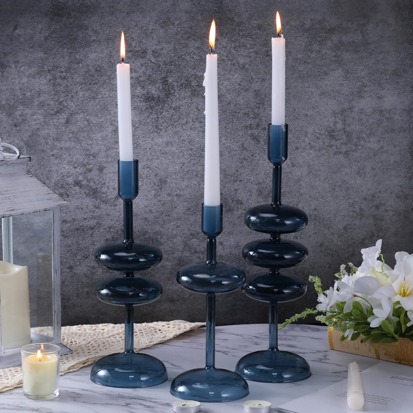 LemonRoad Glass Taper Candle Holders Set of 3, Bubble Candlestick Holders for Table Centerpiece, Elegant Wavy Stacked Geometric Candleholders for Wedding, Dinner, Party, Home Decor(Deep Blue)