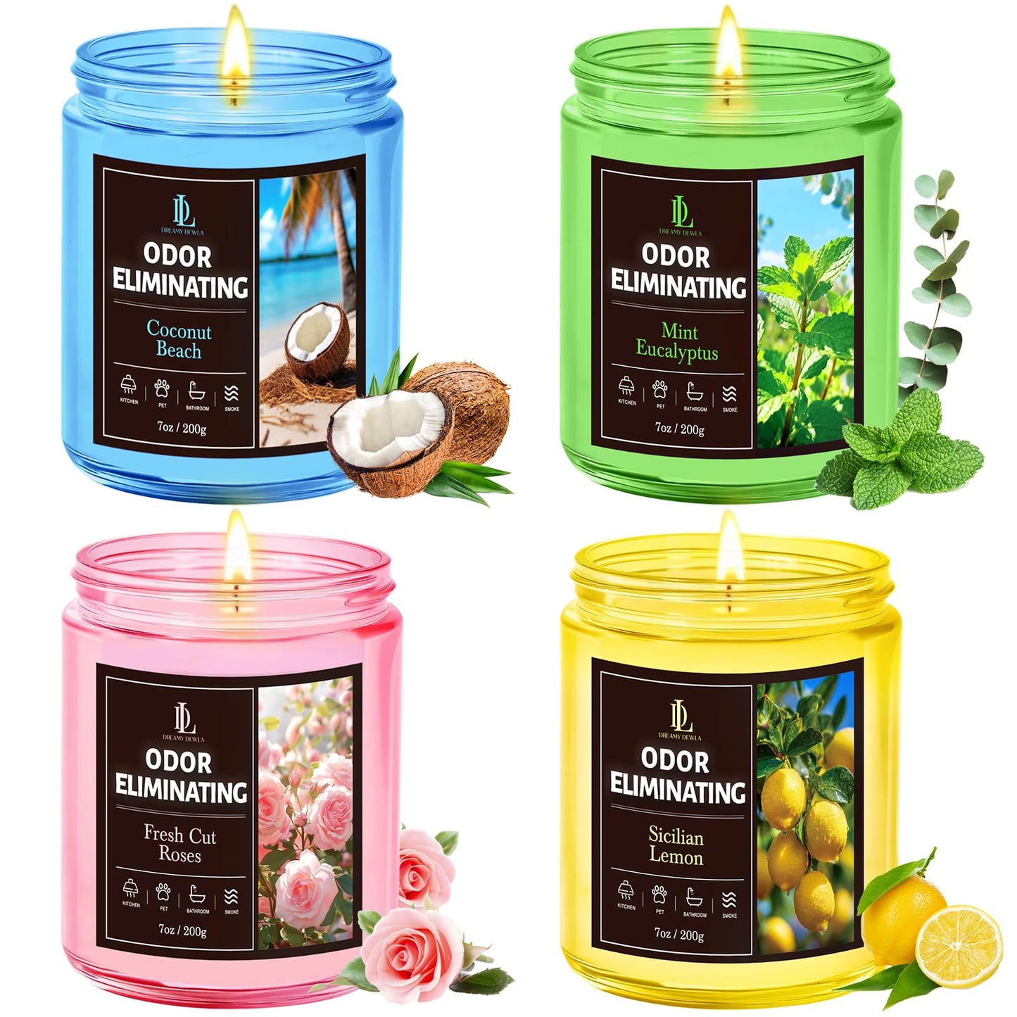 4 Pack Odor Eliminating Highly Fragranced Candle, Eliminates 95% of Food, Pet, Smoke, and Bathroom Quickly, Air Freshing Scents of Lemon/Mint Eucalyptus/Coconut/Roses, Soy Candles Gift for Women Men