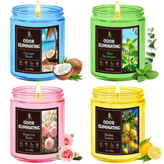 4 Pack Odor Eliminating Highly Fragranced Candle, Eliminates 95% of Food, Pet, Smoke, and Bathroom Quickly, Air Freshing Scents of Lemon/Mint Eucalyptus/Coconut/Roses, Soy Candles Gift for Women Men