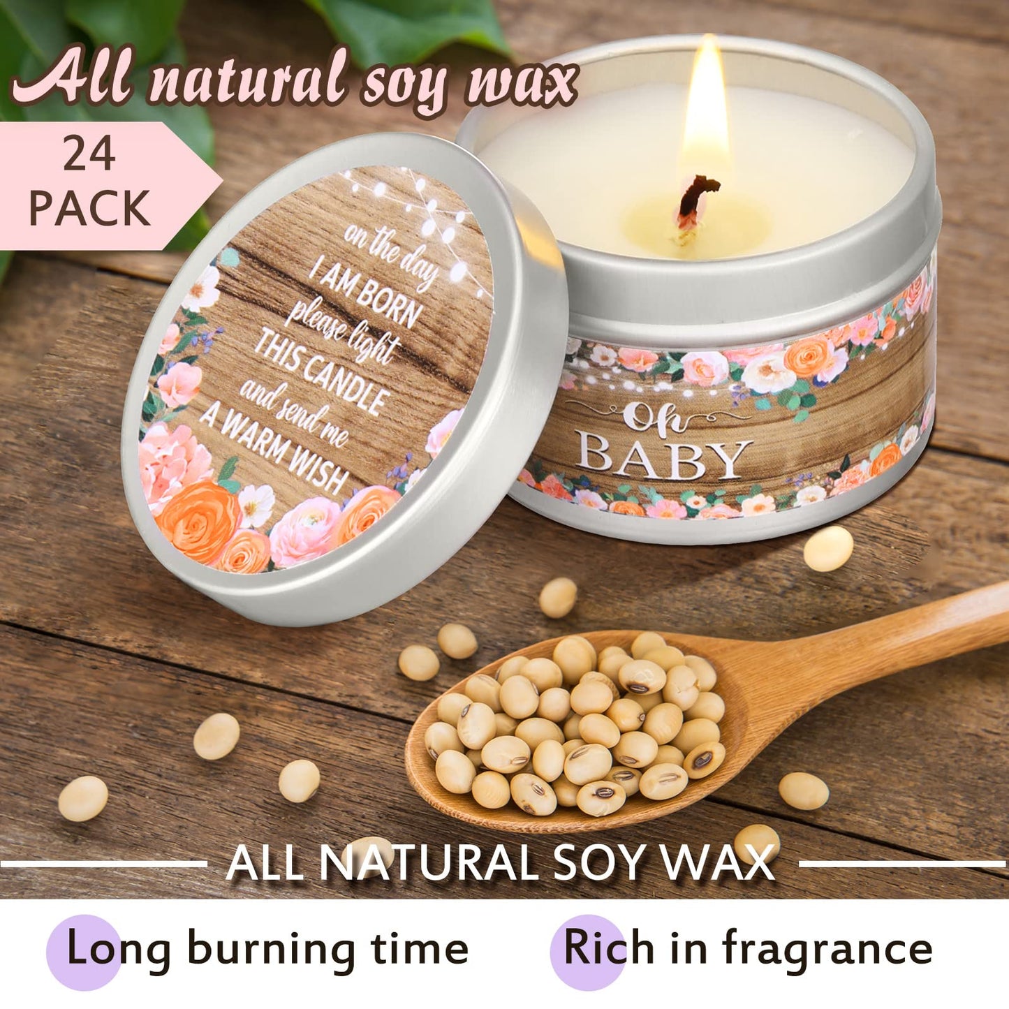 MTLEE 24 Pcs Wood Grain Baby Shower Party Favors Candles Lavender Scented Baby Shower Favors for Guests Rustic Tealights Candles Gender Reveal Return Gifts(1.2 Oz, Khaki)