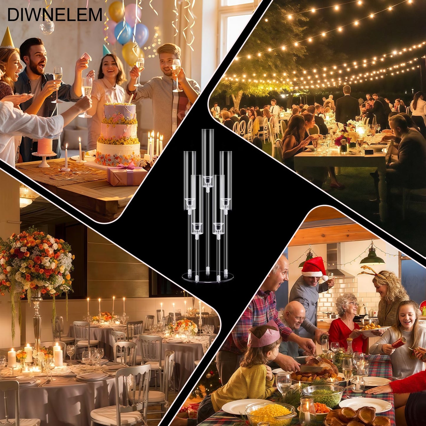 DIWNELEM 4Pcs Acrylic Candelabra Centerpieces for Wedding 5 Arm Clear Candle Candlesticks Holders 25.5" Tall Crystal Taper Candlestick with Shade Fit 0.87'' Led Candle for Christmas Party Home Decor