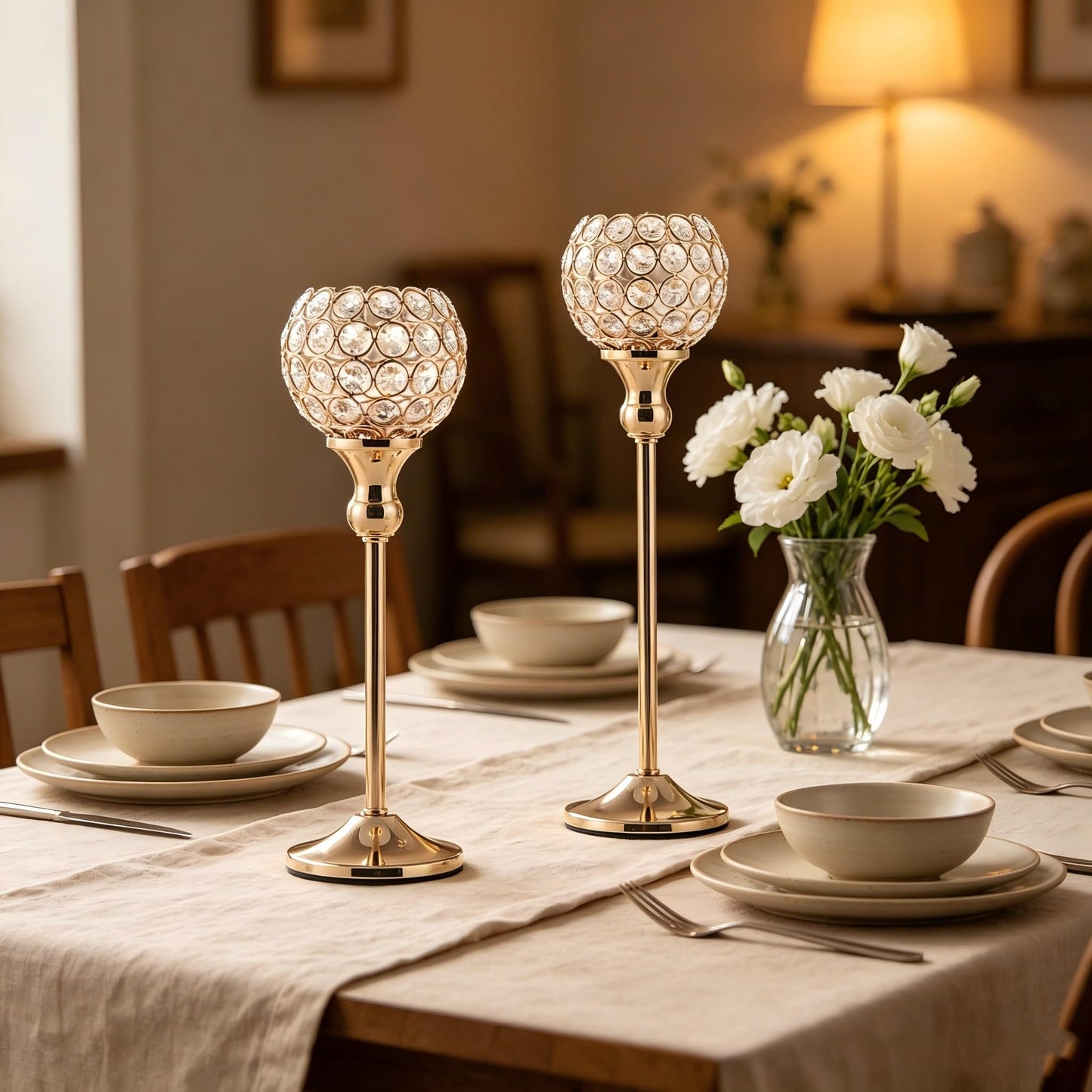 VINCIGANT Gold Crystal Candle Holders Set of 2,Pillar Candlesticks for Table Centerpieces, Valentine's Day Home Decor Wedding Party Housewarming Gift