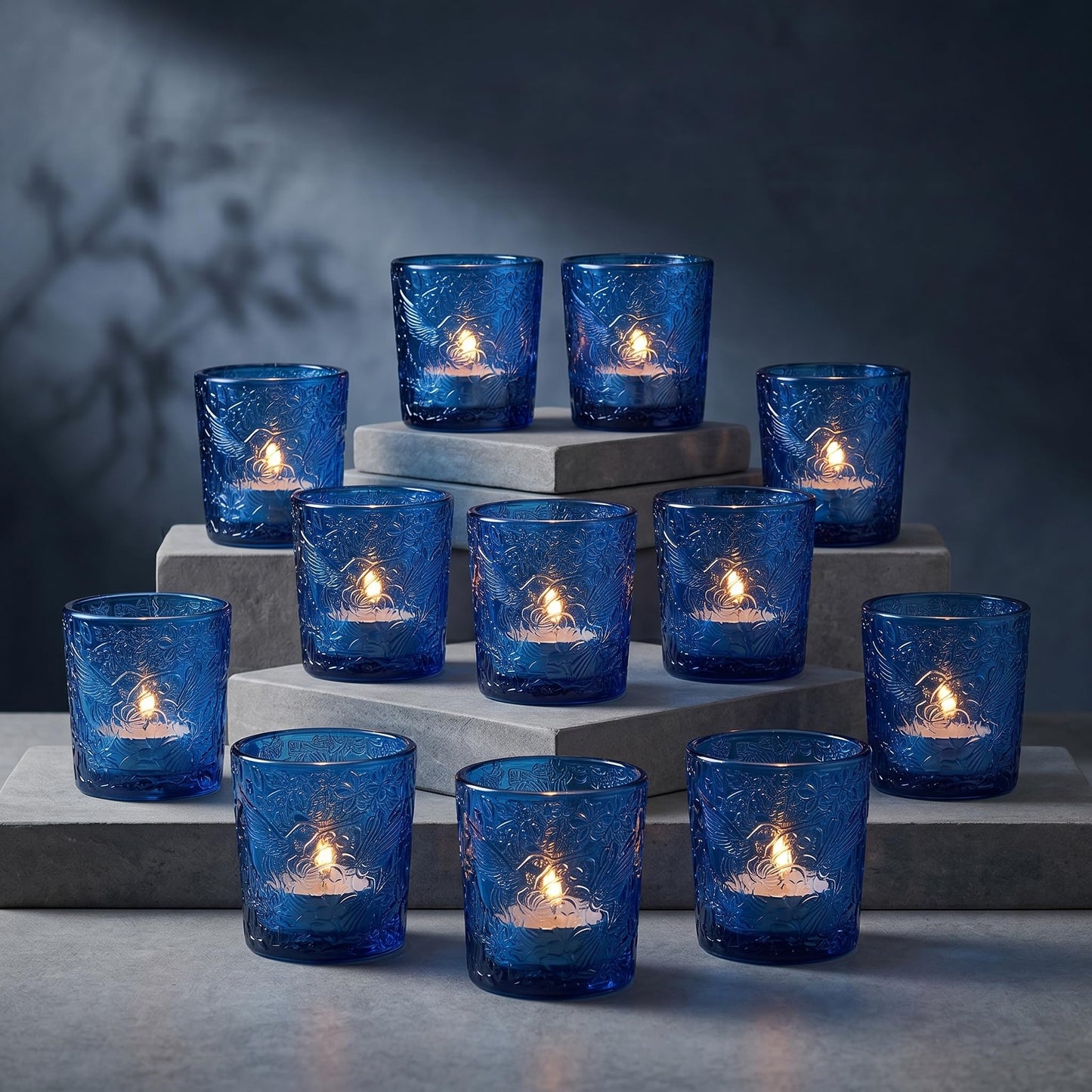 12 Pack Hummingbird Embossed Glass Candle Holders – Votive Tealight Holders with Patent Design, Decorative Embossed Glass Cups for Wedding Centerpieces, Parties, and Home Décor (Ocean Blue)