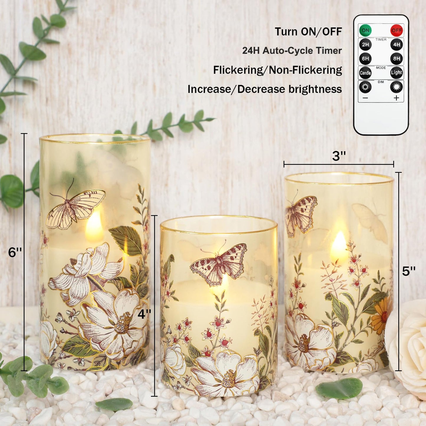 Impress Life Flameless Candles with Remote, 3PCS Butterfly Floral Glass Candles with 3D Flickering LED Wick, Battery Operated Candles for Spring Decor & Home
