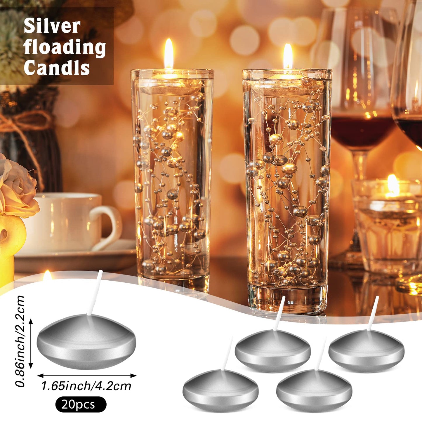 Nuanchu 20 Pcs Mini Floating Candles Small Floating Unscented Candles Round Tea Lights Disc Smooth Wax for Pool Bathtub Dinner Wedding Home Favors(0.7 x 1.4 in,Silver)