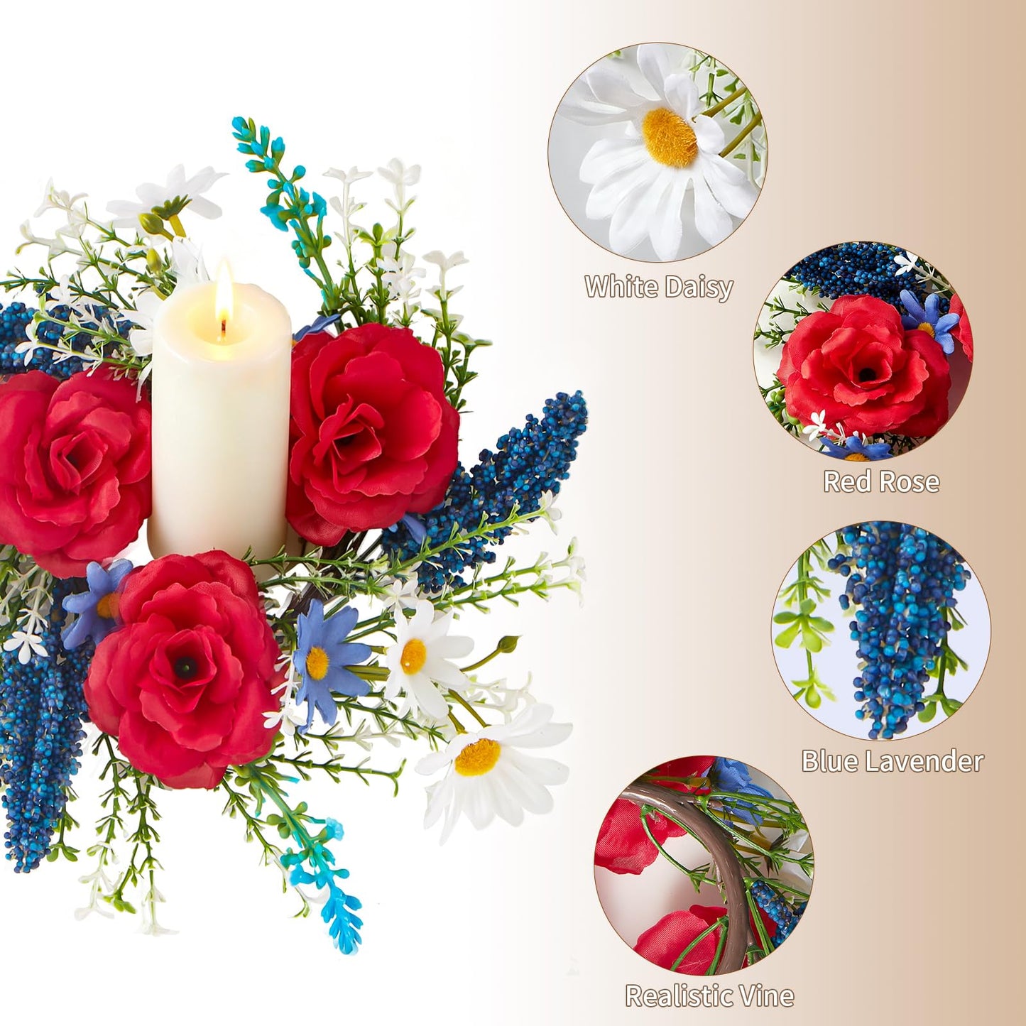 4th of July Candle Ring Wreath 6Pcs, 11.8 Inch Small Patriotic Wreath, Mini Artificial Rose Lavender Daisy Wreath, Tabletop/Candle Ring Decor for Home Front Door, Porch, Wall, Window, Cabinets