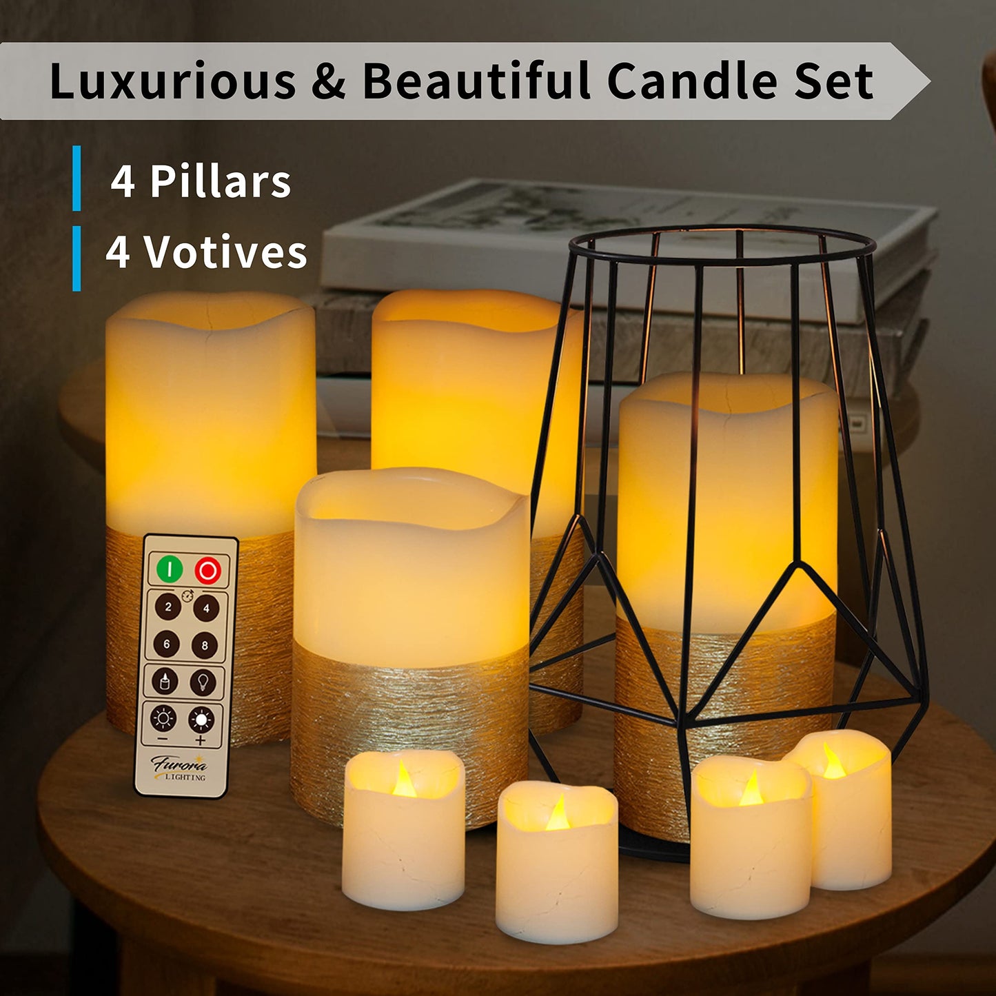 FURORA LIGHTING Gold Trim Flameless Candles - Real Wax, Adjustable Brightness, Remote & Timer - 4 Pillars (3x4, 3x6) and 4 Votives, 8-Pack, Battery Operated