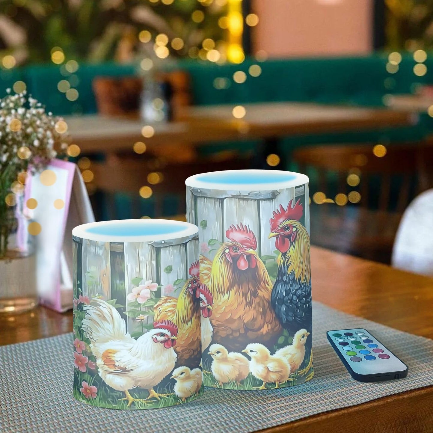 ALAZA Rooster Chicken Hen Garden Farm Flameless Candles Flickering LED Candles with Remote Timer Battery Operated Pillar Candles Set of 2 for Dinner Holiday Decor