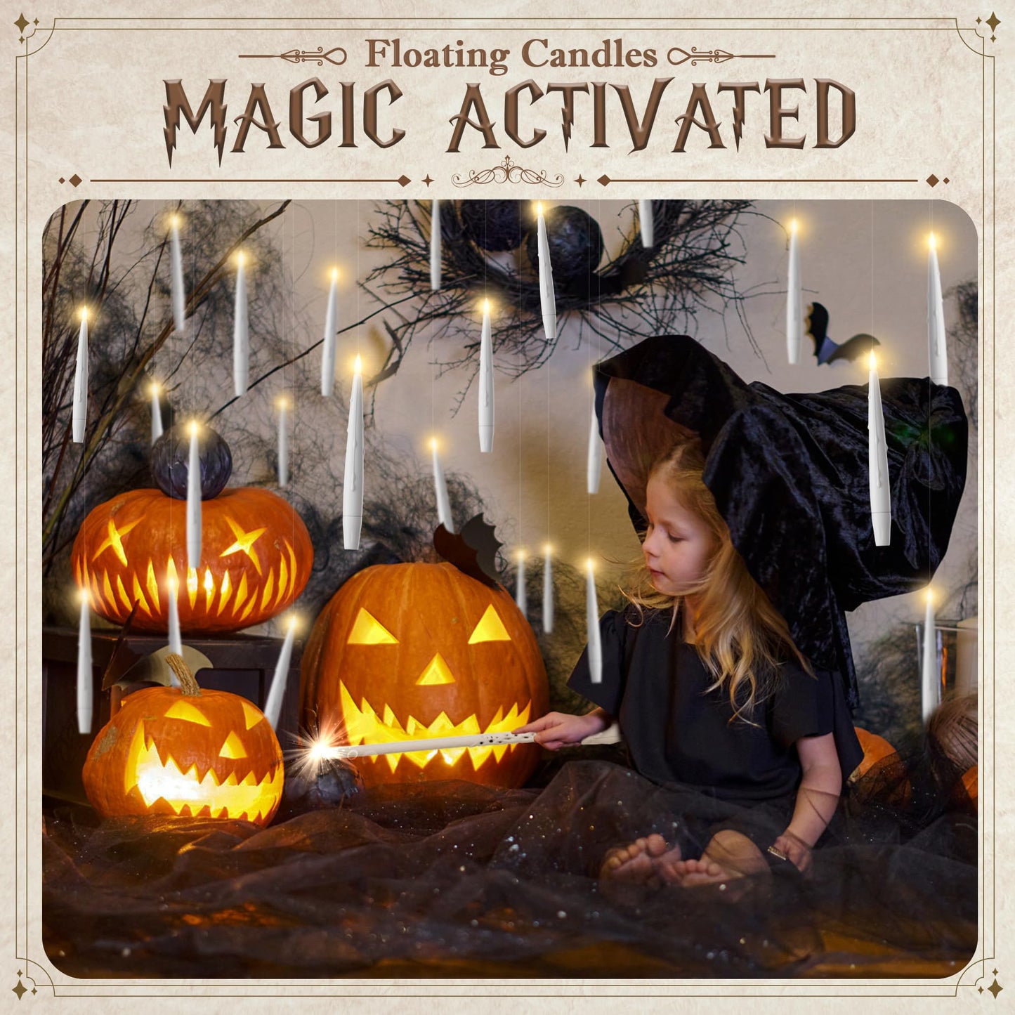 JOIONE Floating Candles with Wand, 20 Pack Hanging Candles with Magic Wand Remote, Battery Powered Floating Candles with 2 Wand, Flameless Magic Hanging Taper Candles for Xmas Halloween Decor, White