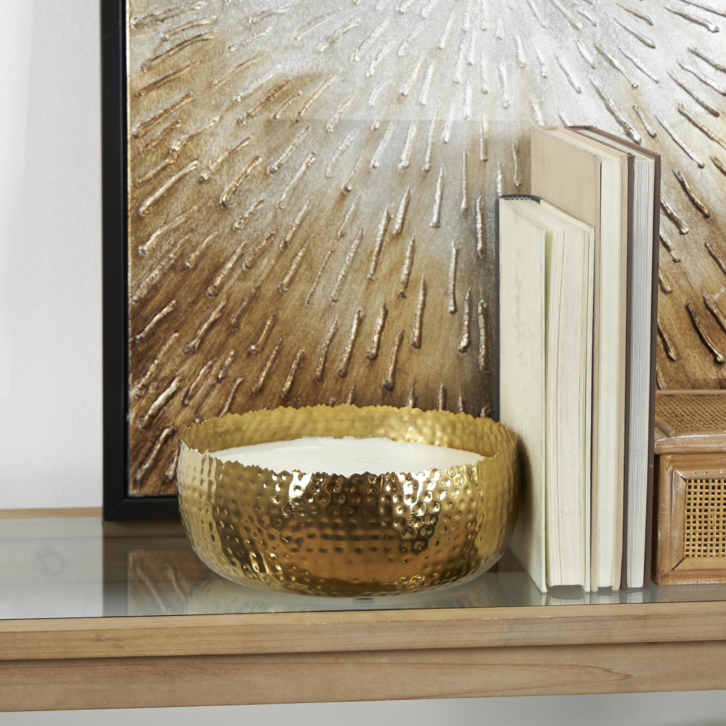 Deco 79 Metal Decorative Candle English Garden Scented Wide Hammered 90 oz 4 Wick Aromatherapy Candle with White Wax, Wax Aromatherapy Candle 10" x 10" x 4", Gold