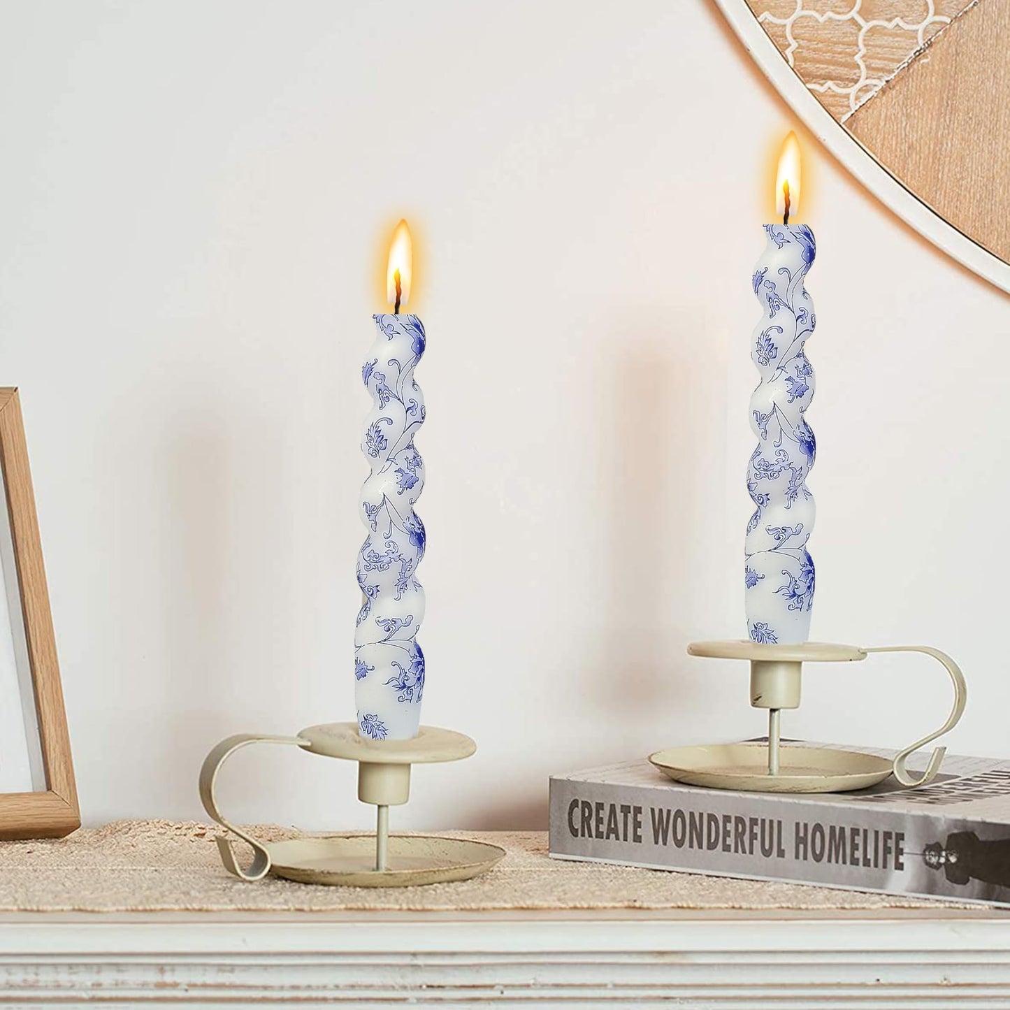 Spiral Candles Printed Candlestick 7.5 inch Short Taper Candle Blue &White Twisted Candlesticks 2 PCS Tapered Candles for Home Wedding Dinner Holiday Party
