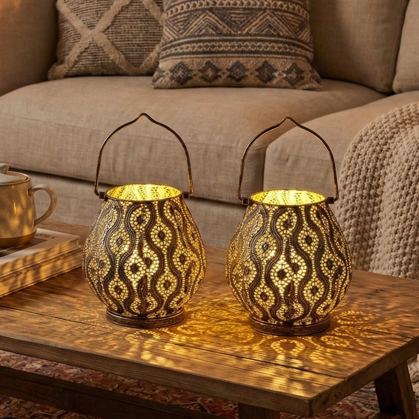 TRIROCKS Set of 2 Moroccan Decorative Lamps 8'' High Cordless Lamp Metal Table Lamps with Fairy Lights Bulb for Home Living Room Garden Yard Party Events Tabletop Indoor Outdoor(Black)