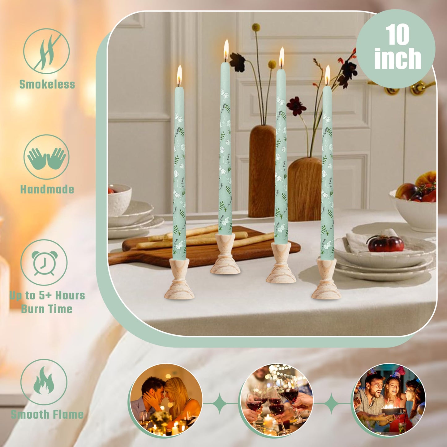 10 inch Blue Taper Candles Set of 4 - Dandelion Taper Candles Smokeless Candle - Slow Burning Candle Sticks for Home Wedding Dinner Holiday Party