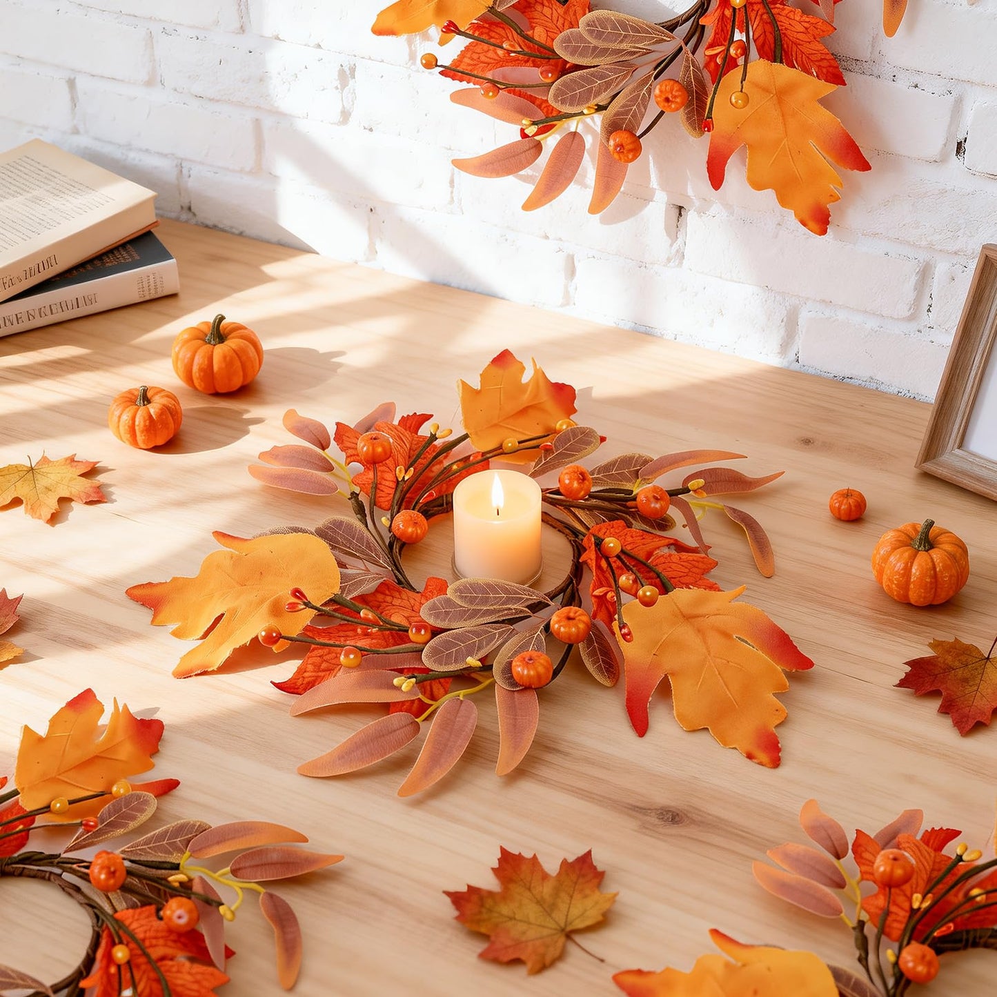 8 Pcs Mini Fall Wreaths Thanksgiving Table Centerpieces Fall Candle Rings 9 Inch Maple Leaf Wreaths for Cabinets Farmhouse Autumn Wreath for Front Door Porch Wall Window Decorations
