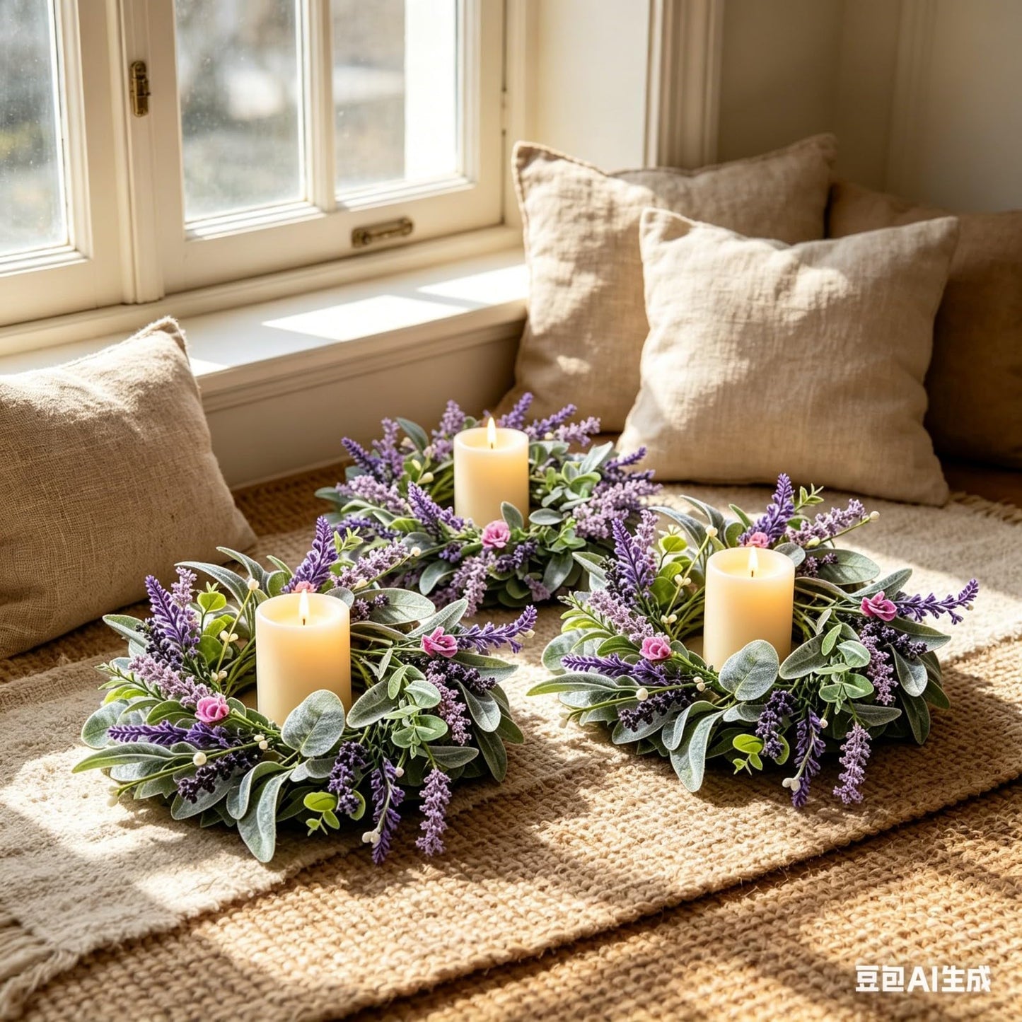 8 pcs Mini Lavender Candle Rings Wreaths Purple Daisy Pillar Holder Wreath Artificial Wild Flower Spring Summer Floral Wreath for Farmhouse Porch Cabinets Table Decoration