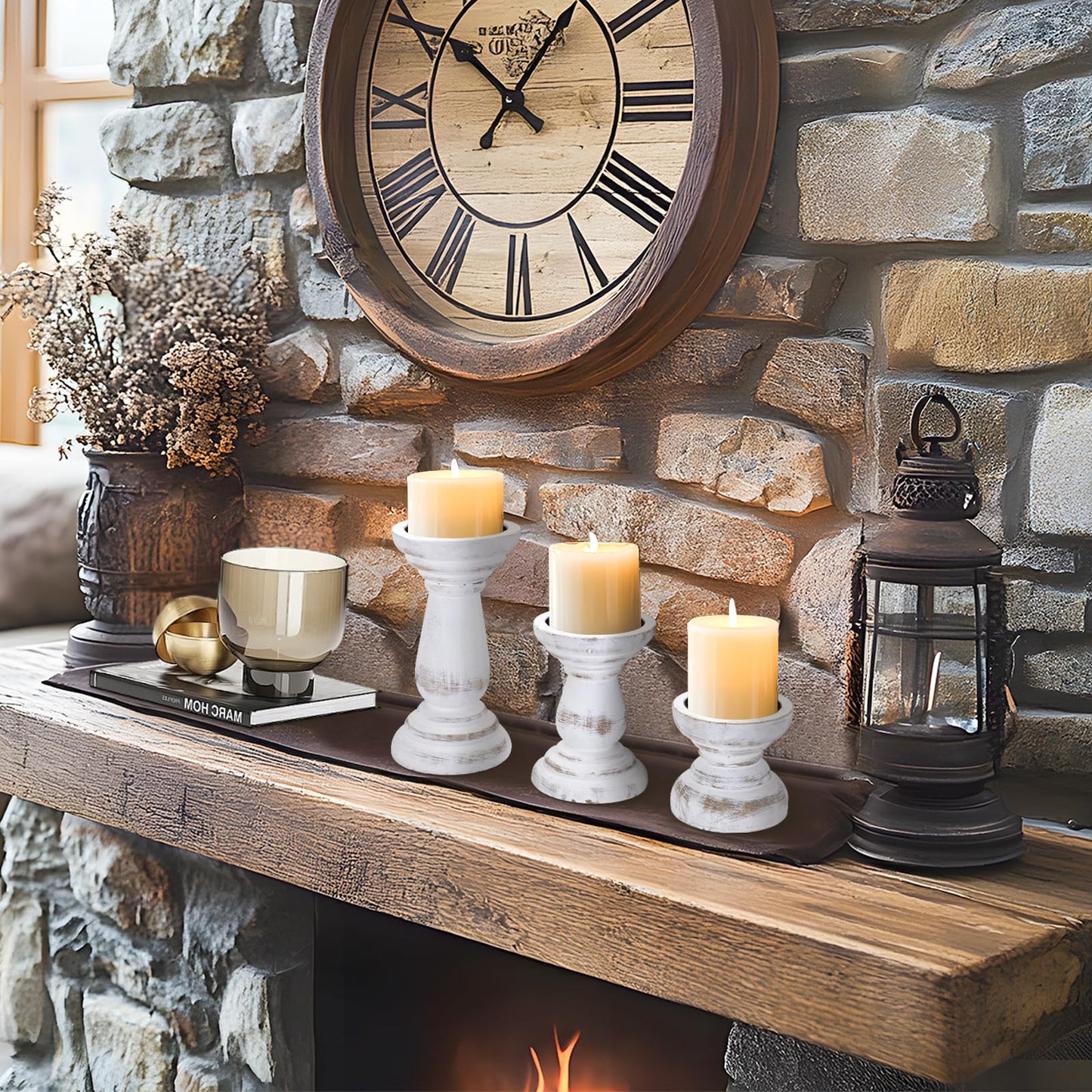 Candle Holder for Pillar Candle Set of 3, Farmhouse Wood Candle Holder, Rustic Wooden Candle Stand, Decorative Wood Candlestick Holders for Living Room, Table Centerpiece (RusticWhite)