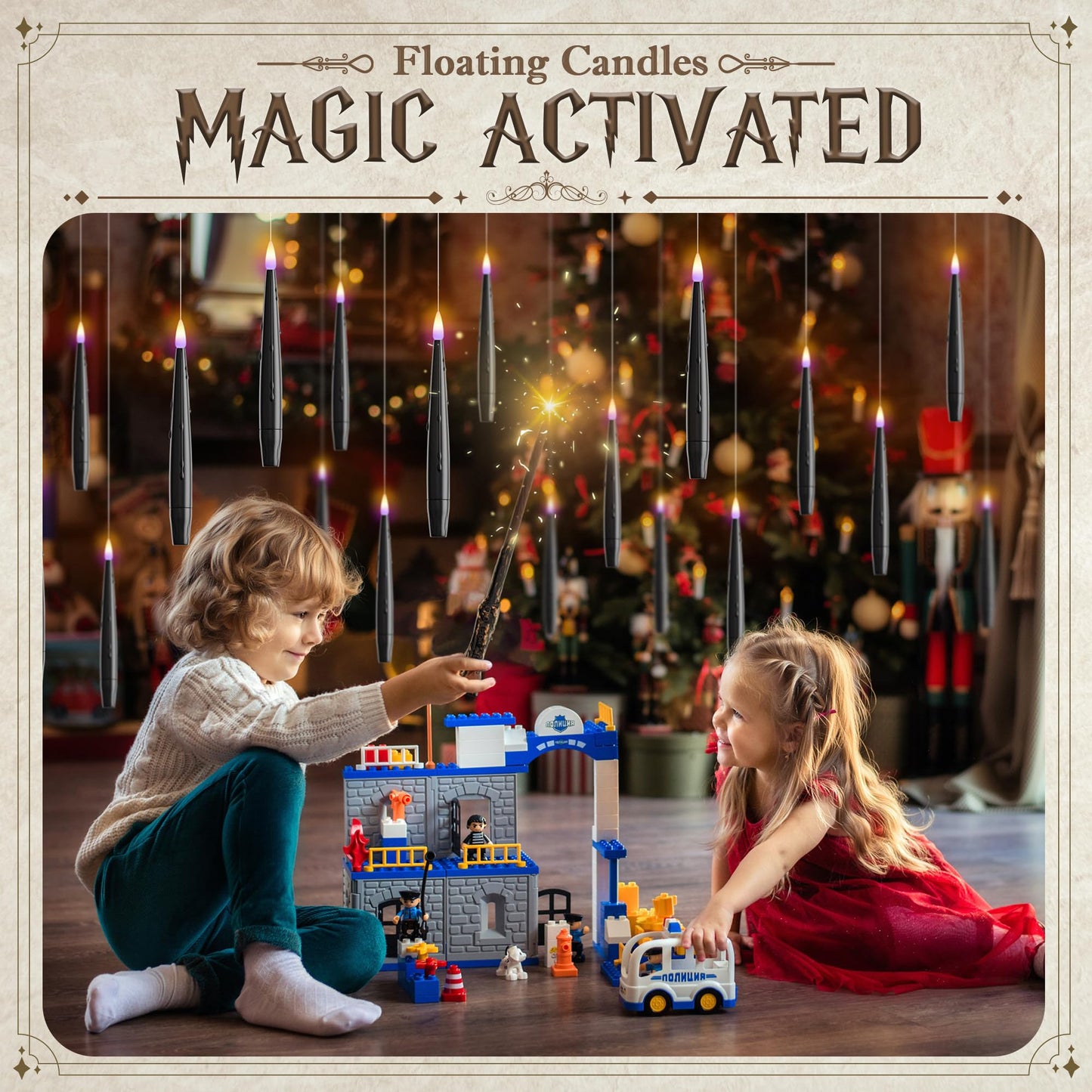 JOIONE Floating Candles with Wand, 12 Pack Hanging Candles with Magic Wand Remote, Battery Powered Floating Candles with Wand, Flameless Magic Hanging Taper Candles for Xmas Halloween Decor, Black