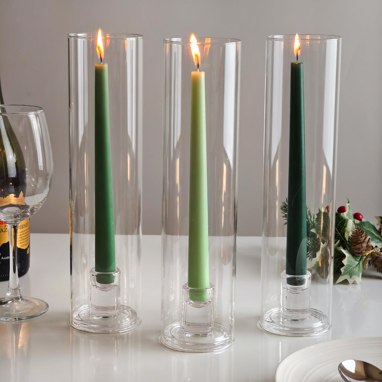 Vixdonos Glass Hurricane Candle Holder Set of 3 Modern Candlestick Holders Long Taper Candle Stand with 11.8 inch Tall Cylinder Windproof Cover for Wedding Party Table Centerpiece Outdoor