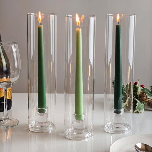 Vixdonos Glass Hurricane Candle Holder Set of 3 Modern Candlestick Holders Long Taper Candle Stand with 11.8 inch Tall Cylinder Windproof Cover for Wedding Party Table Centerpiece Outdoor