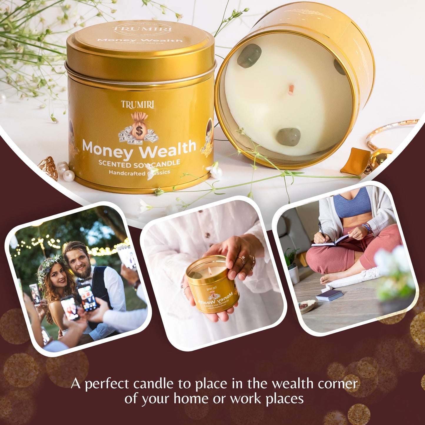 Money Wealth - Crystal Candles for Home Scented - Pack of 3 x 5oz Soy Wax Natural Clean Organic Non Toxic with Essential Oils - for Cash Luck Manifestation - Long Lasting Candel