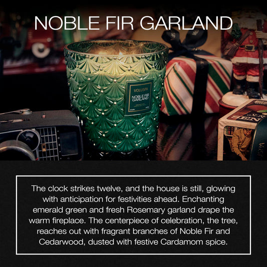 Voluspa Noble Fir Garland, 3 Wick Hearth Candle, 38 oz, 80 Hour Burn Time, Coconut Wax Blend, Scented Candles for Home, Handcrafted in the USA