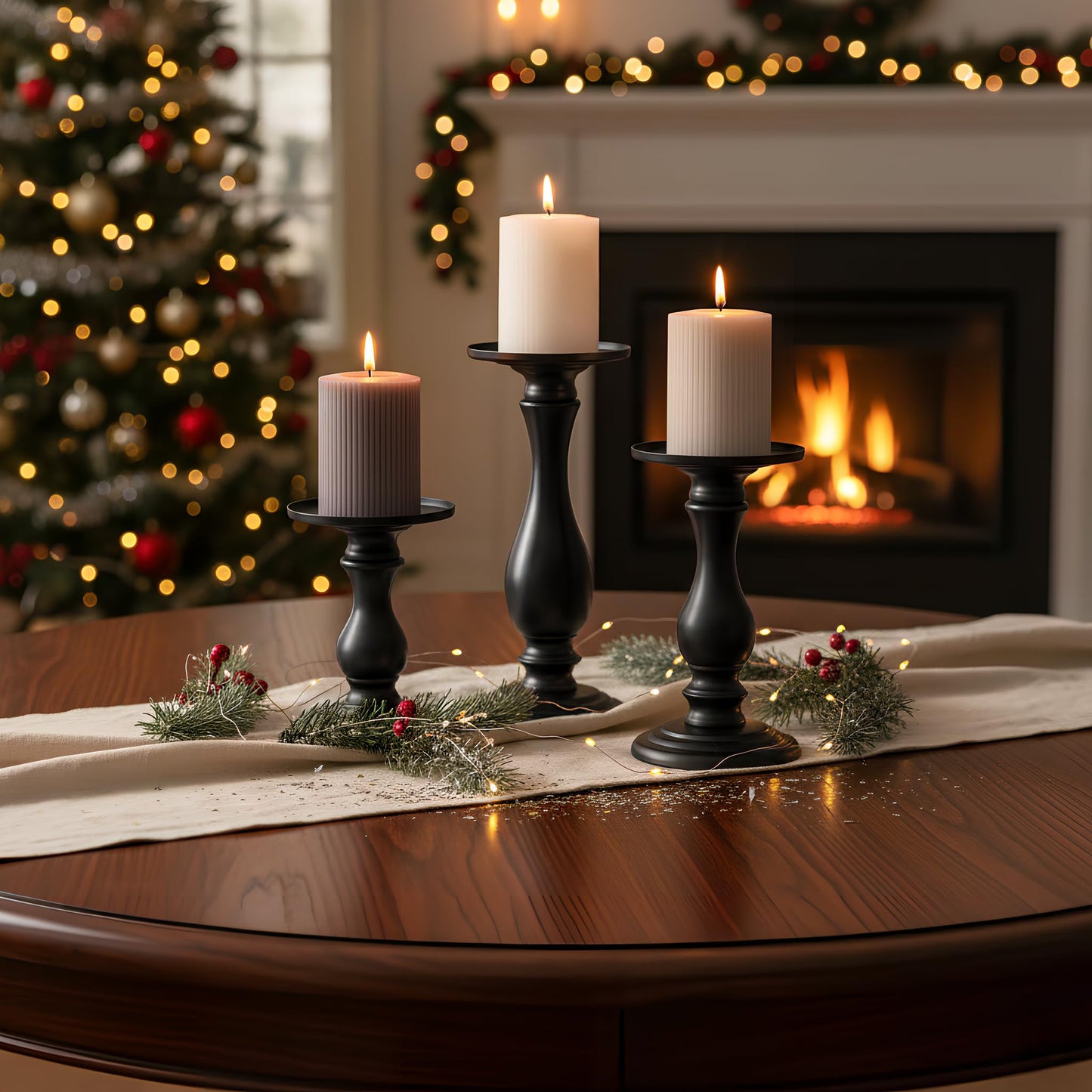 Matte Black Pillar Candle Holders Set of 3-10", 8", 6”H Candlestick Candle Holders Stand, Home Coffee Table Decor Decorations Centerpiece for Dining/Living Room