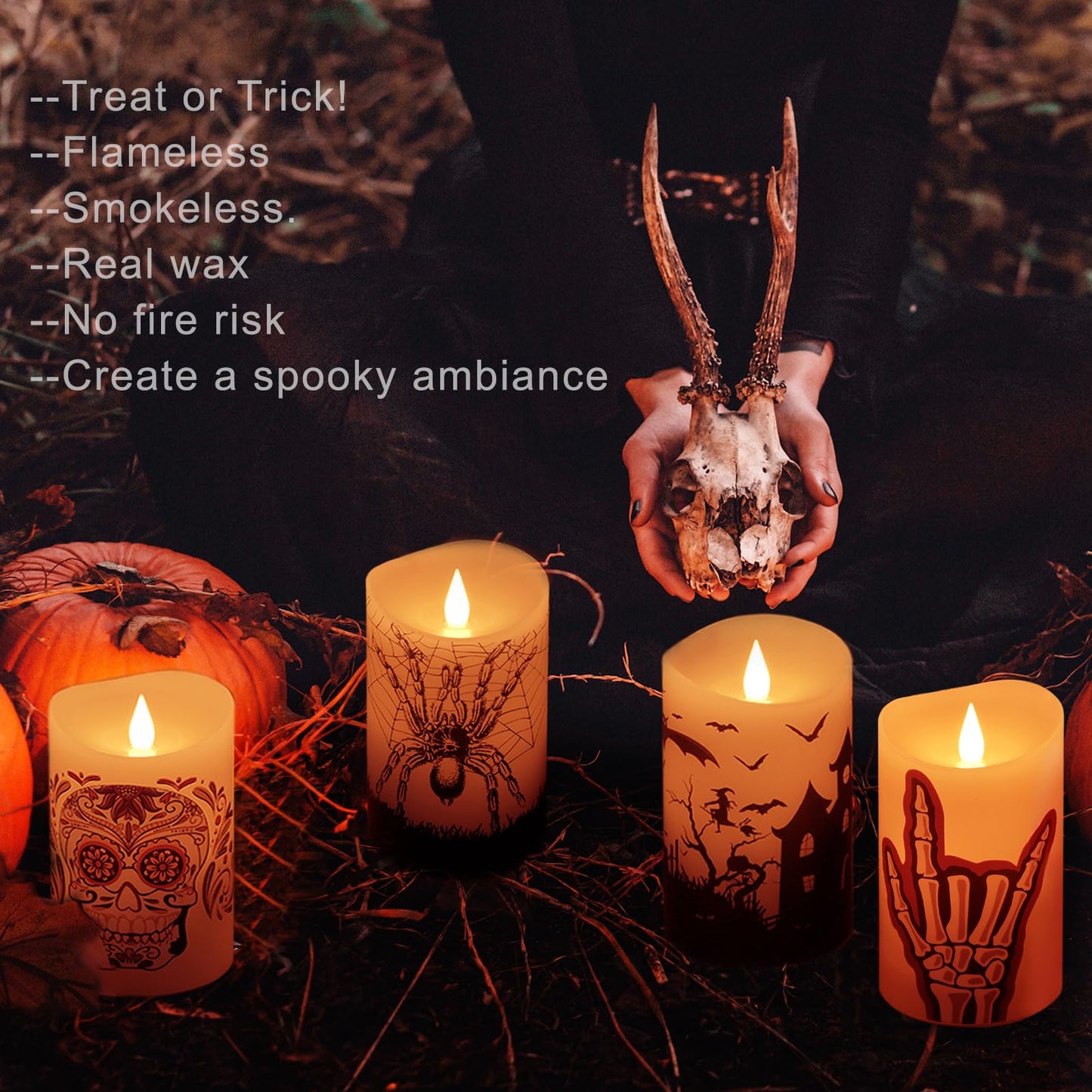 Softflame Halloween Flameless LED Candles with Remote Control, 3"x 5"Battery Operated Pillar Real Wax with Timer for Halloween Decorations, Sugar Skull Candle