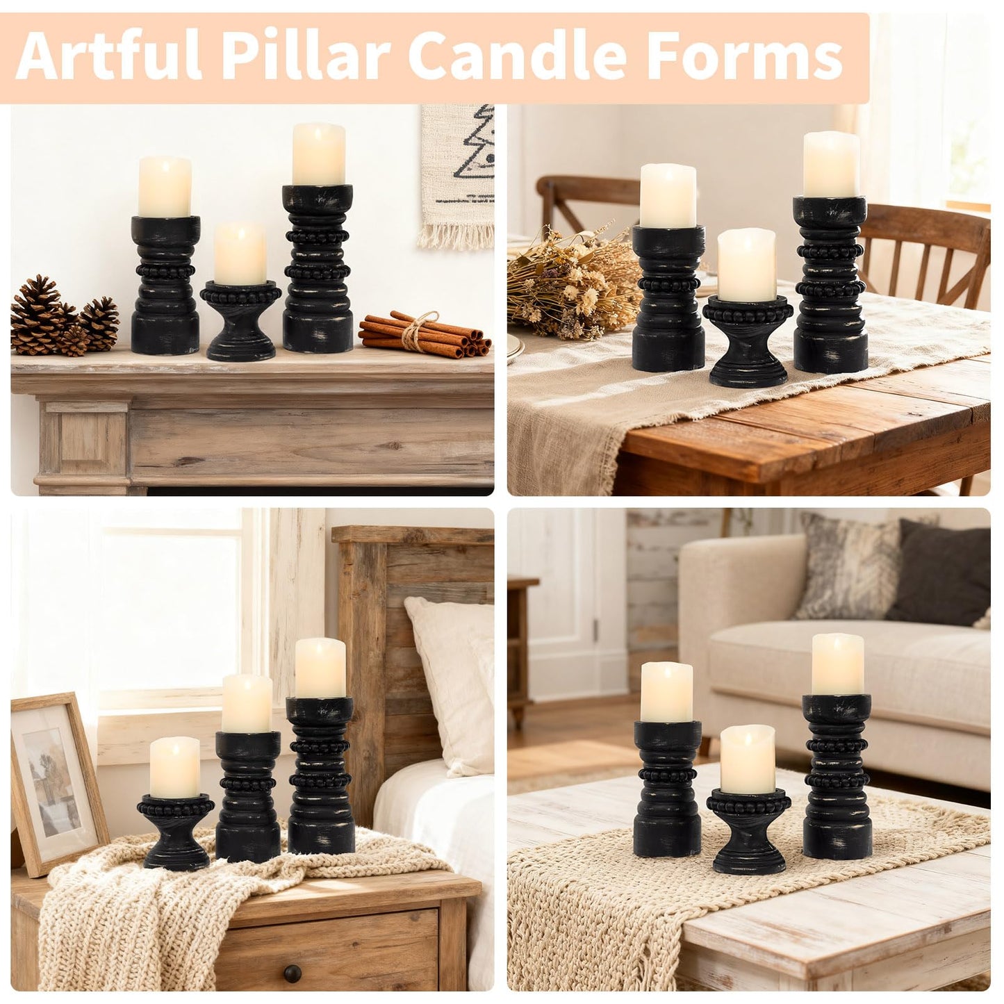 MODE HOME Rustic Black Wood Candle Holders Set of 3, Farmhouse Beaded Wood Pillar Candle Holder, Candle Holders for Pillar Candles & Candlesticks, Candle Sticks Holder Decor for Table Centerpiece