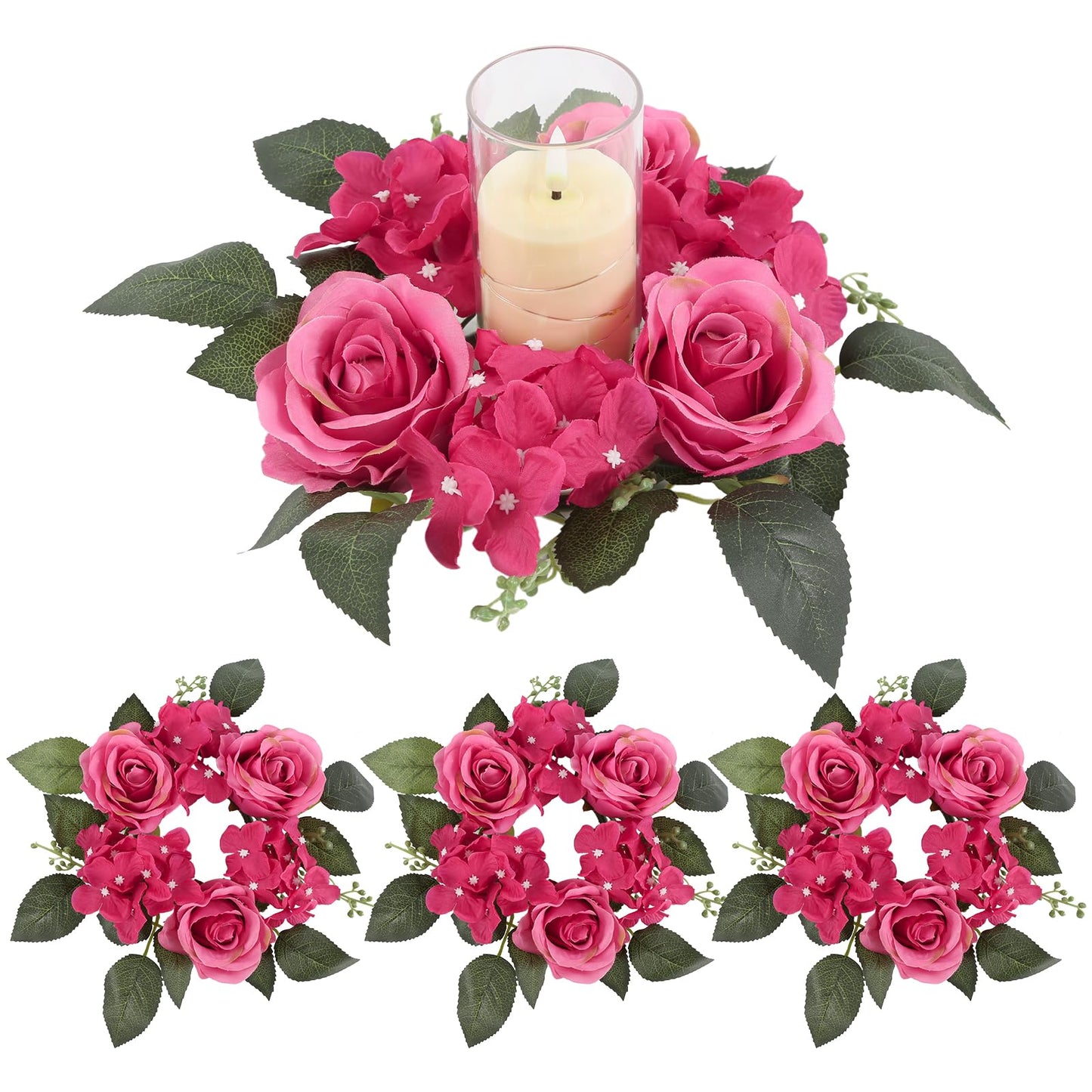 UUXX 4PCS Candle Rings for Pillars, Silk Roses Hydrangea Artificial Flowers Candle Wreaths Rings for Table Centerpieces Wedding Valentine's Day Party Decor(Hot Pink)