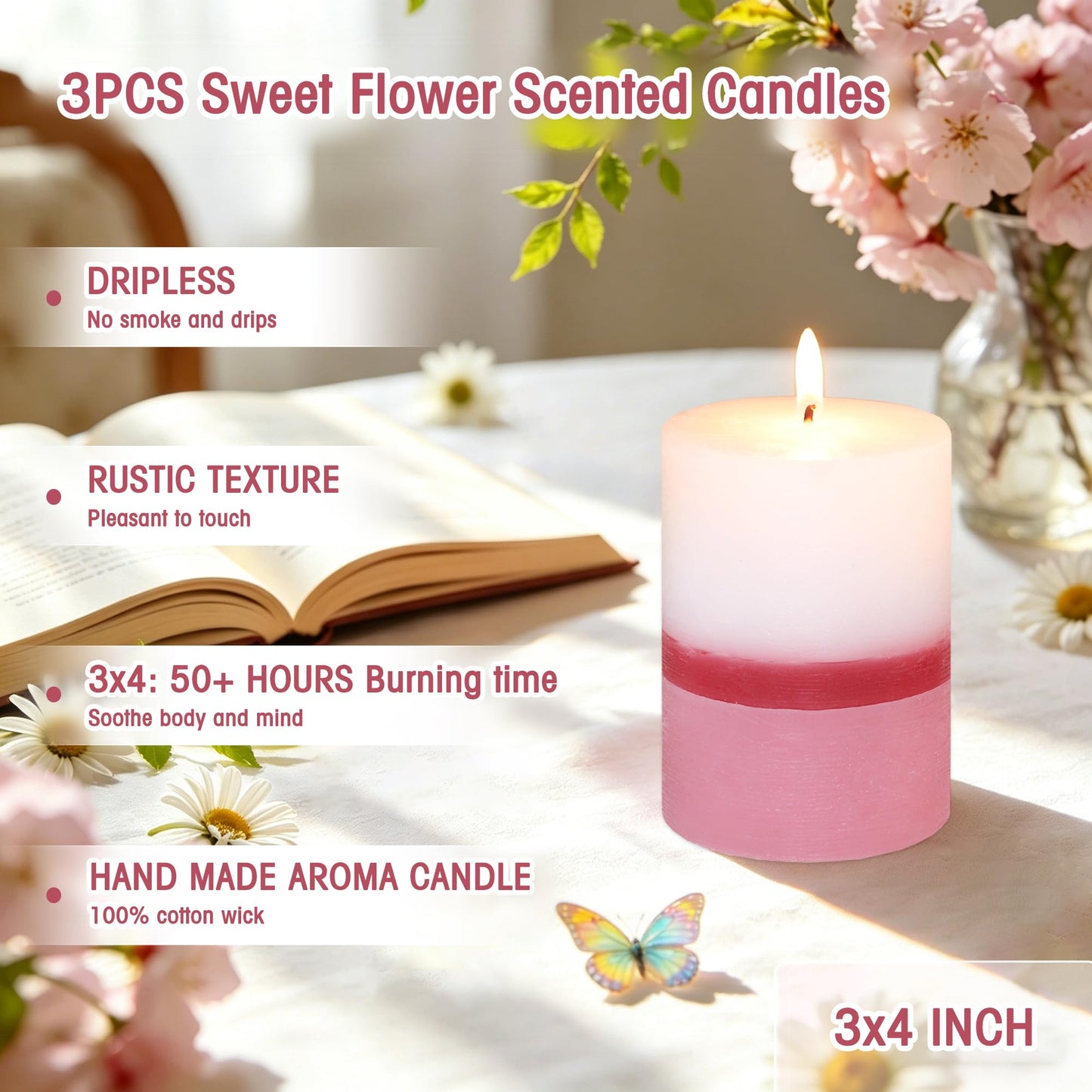 Scented Pillar Candles 3x4 Inch Pink White Ombre Cotton Core Sweet Flower Scented Candles, Set of 3, 50+ Hours Burn Time|1PC Aromatherapy Candle