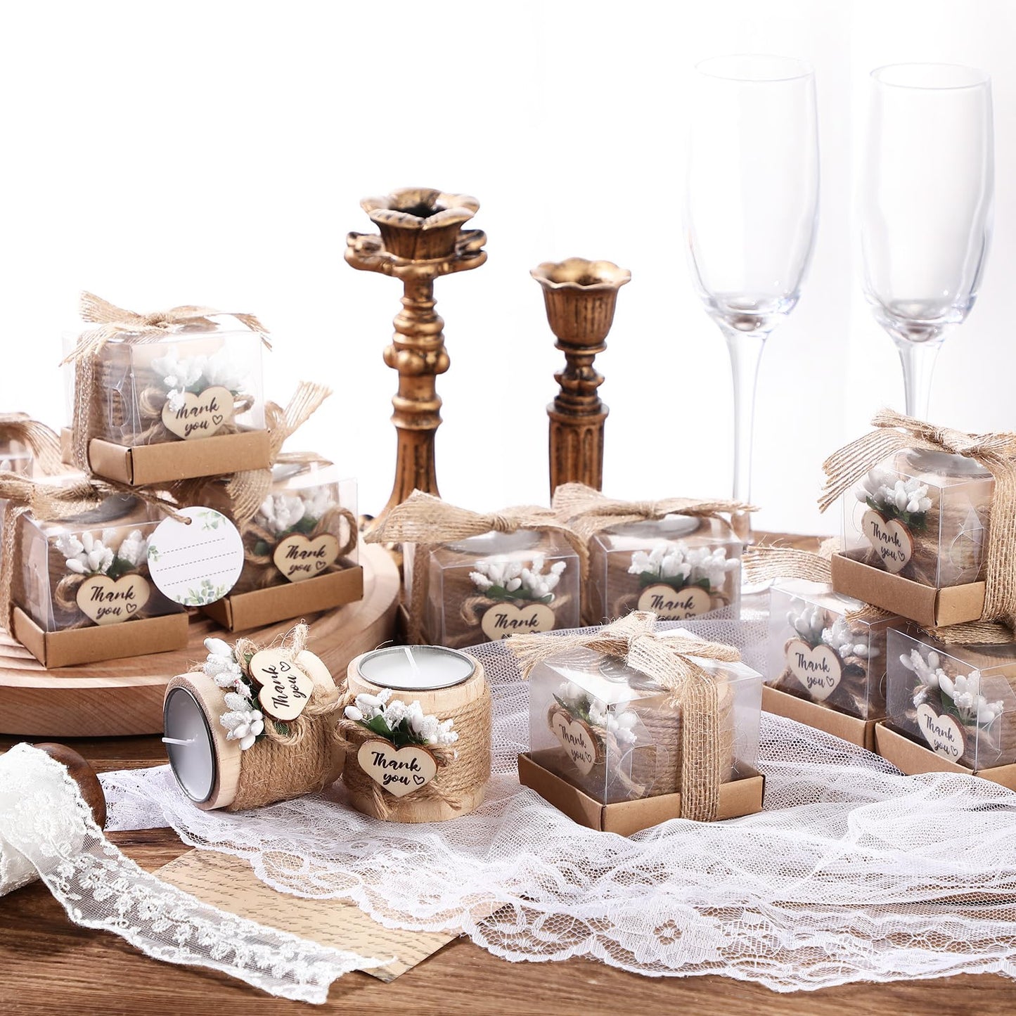 Retisee Wedding Candle Favors for Guests Bridal Shower Wood Memorial Tealight Candle Holder Thank You Gifts Handmade Candles for Wedding Baby Shower Housewarming Table Centerpiece(24 Sets)
