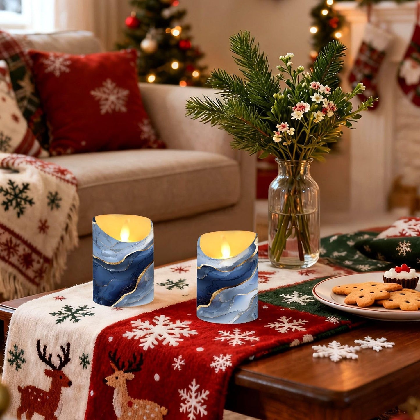 famyily Safe Indoor Decor Fake Candles with Timer 2/4/6/8H Battery Operated Candles for Bathroom Vanity 5.9x3in - Marble Silver Navy Blue