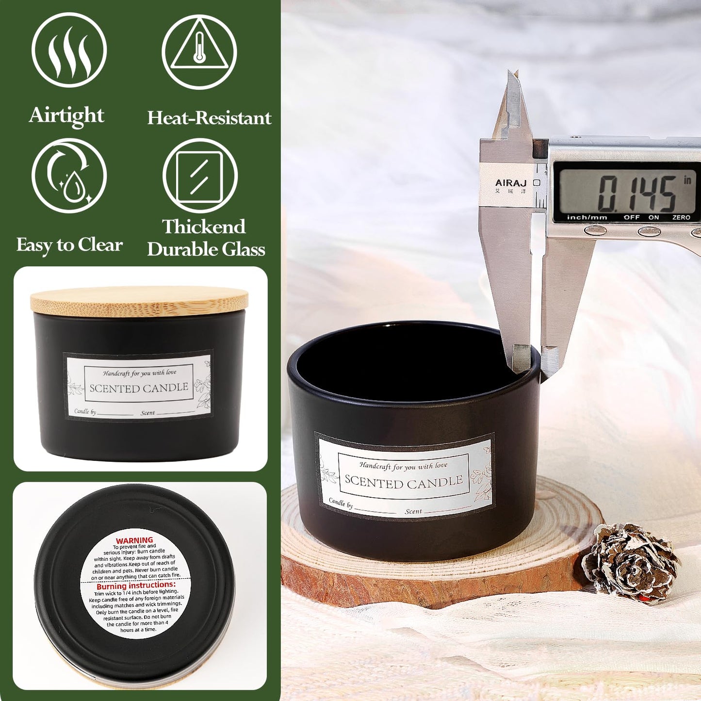 CONNOO 15 Pack 4 OZ Matte Black Glass Candle Jars with Airtight Bamboo Lids for Making Candles, Bulk Small Wide Mouth Empty Candle Containers with Sticky Warning Labels - Dishwasher Safe