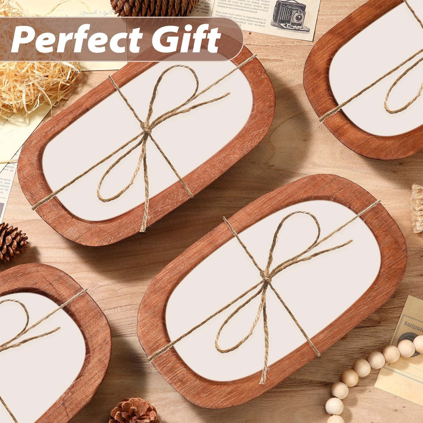 FoldTier 4 Pcs Wooden Dough Bowl Bulk Wood Decorative Rustic Wooden Bowls Wedding Table Centerpiece for Living Room Home Dining Room Kitchen Easter Decoration(Brown,10'' X 6'' X 2'',Classic)