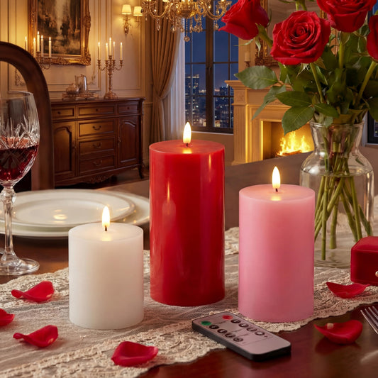 Grinsvalley 3 Pcs Mother's Day Flameless Candles Battery Operated Wax LED Flickering Flameless Pillar Candles with Remote for Home Table Dating Wedding Party Decor