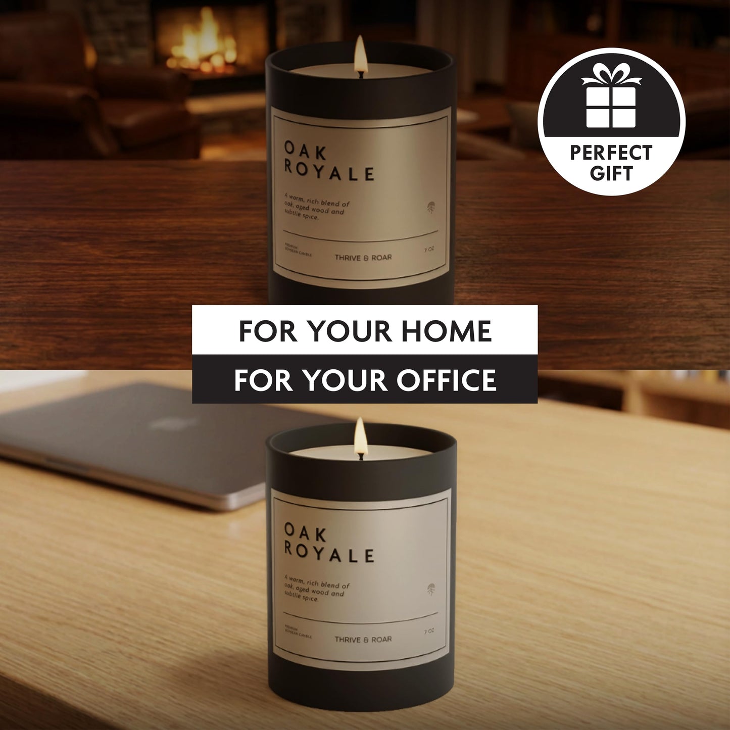 Thrive & Roar - Oak Royale Premium Scented Candle for Men – 7oz Long Lasting, Soy Wax Aromatherapy Candle for Home Scented, Masculine Aroma, Office Decor, Man Cave Decor, Men's Gift
