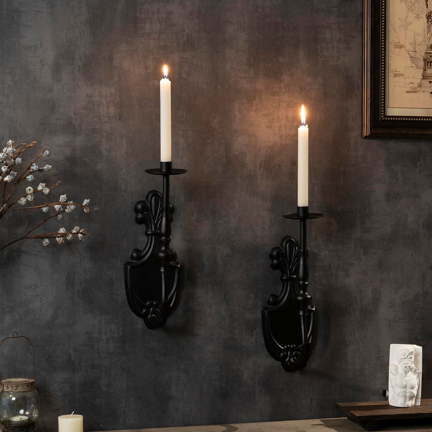 Woparty Gothic Wall Sconce Candle Holder for Taper Candles (Set of 2) Black Victorian Wall Decor for Living Room, Bathroom,Dining Room - 14.1 x 4.7 inch