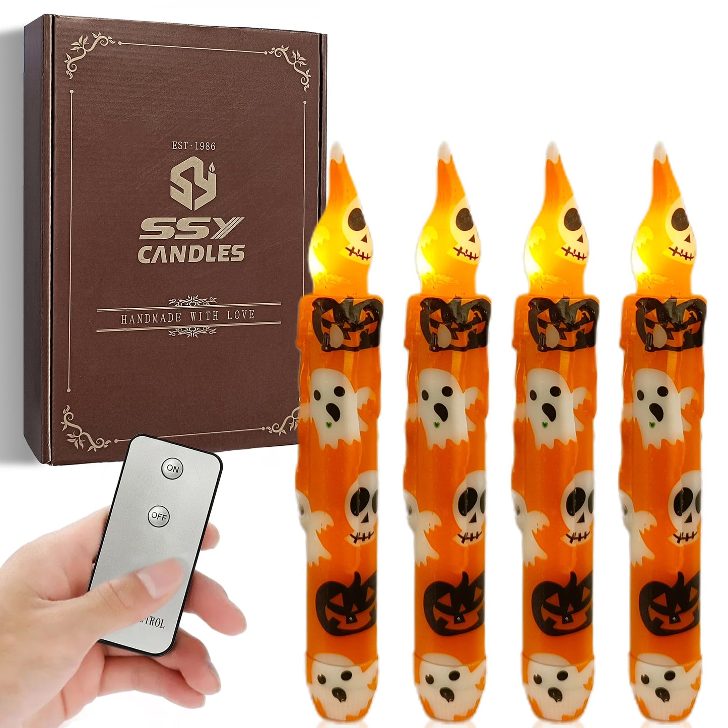 Gedengni Halloween Candlesticks Flameless Taper Candle, 4pcs Printed LED Tapered Candles Remote Dipped Candle 6inch Battery Chandelier for Enchanting Weddings and Harry Potter Inspired Vigils(Hall)