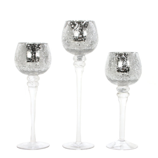 Hosley Set of 3 Crackle Metallic Glass Tealight Holders 12 Inch, 10 Inch, 9 Inch Elegant Home Decor for Ambient Lighting and Stylish Centerpieces and Gift