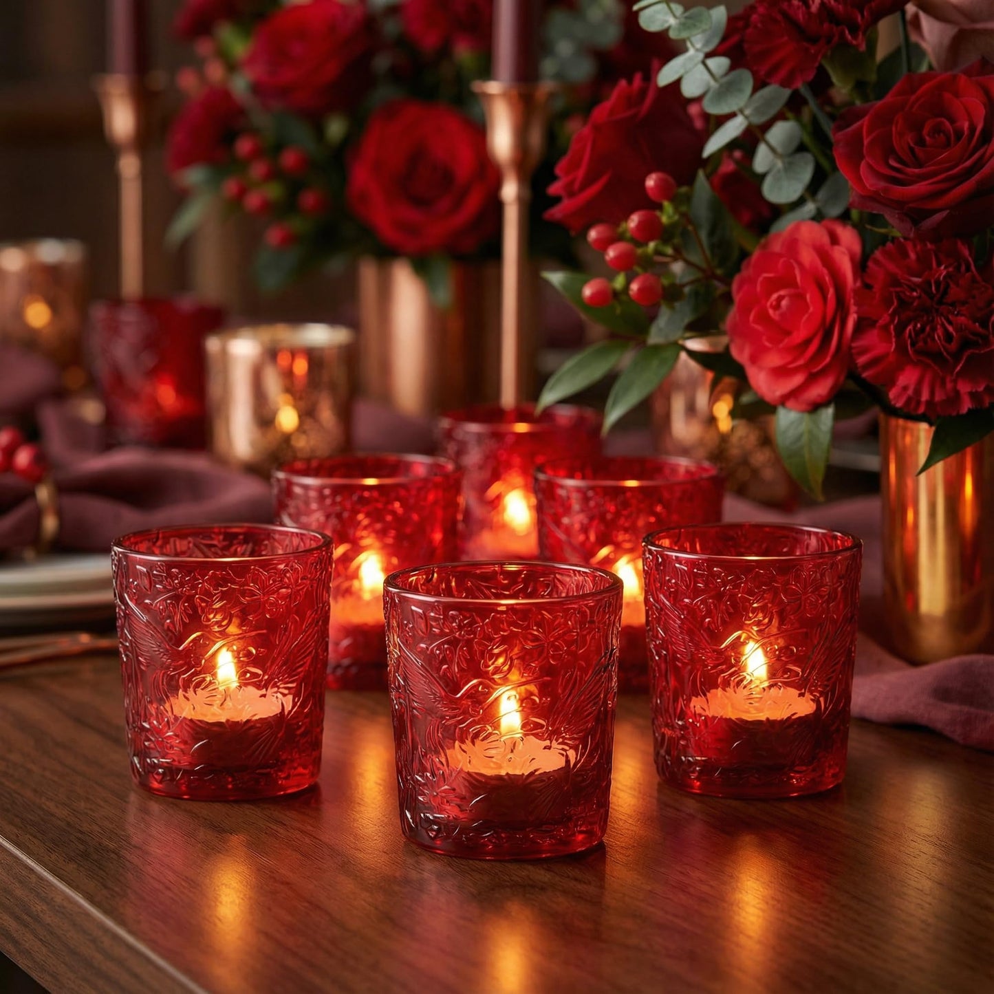 12 Pack Hummingbird Embossed Glass Candle Holders – Votive Tealight Holders with Patent Design, Decorative Embossed Glass Cups for Wedding Centerpieces, Parties, and Home Décor (Crimson Glow)